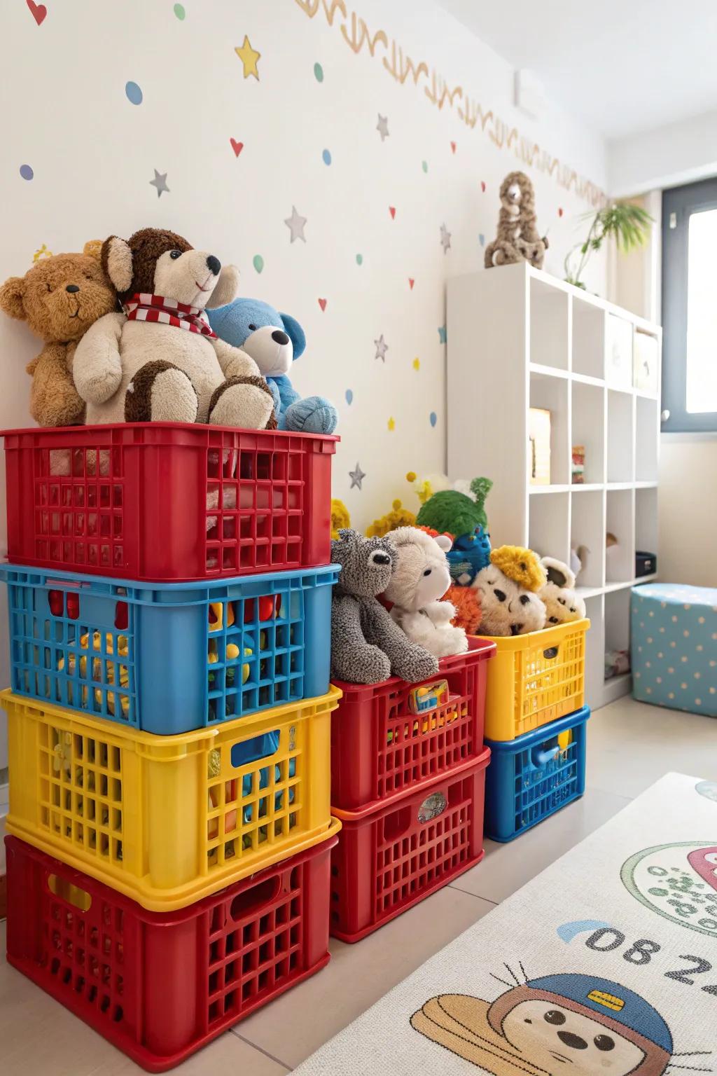 Colorful crates add a fun and practical storage solution.