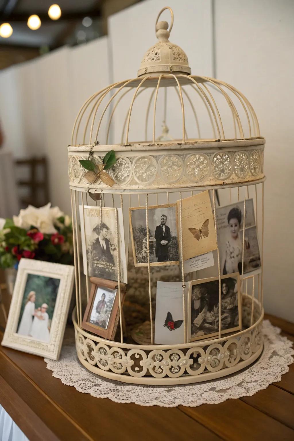 Family photos make a bird cage decor truly personal.