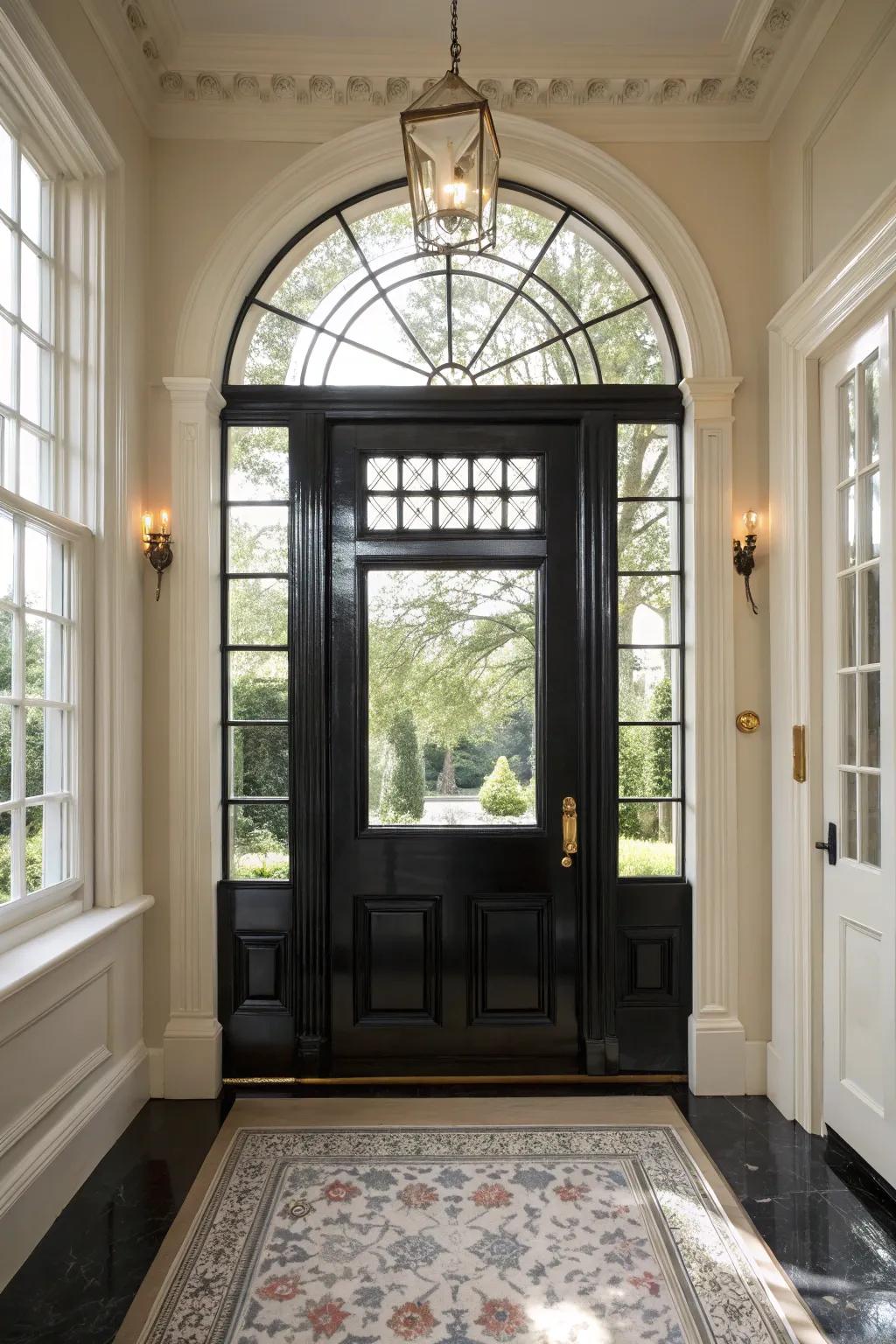 Windows beautifully framing a black door to enhance light and style.