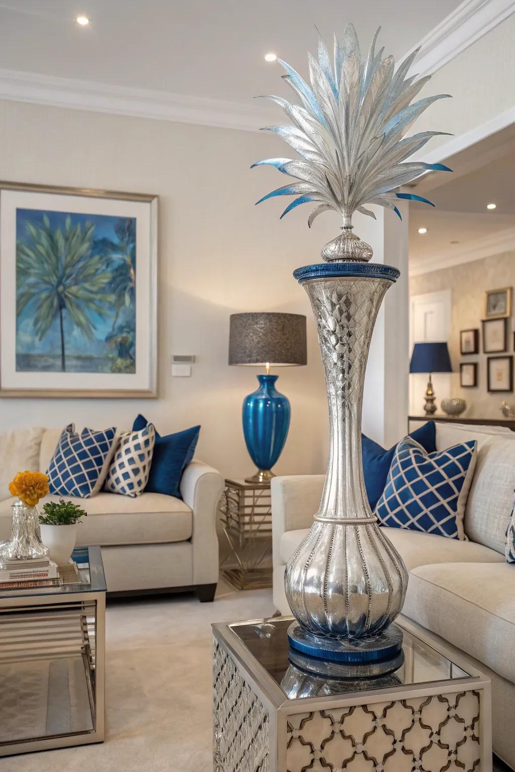 Ag and azure art serves as a striking core element in this refined family room.