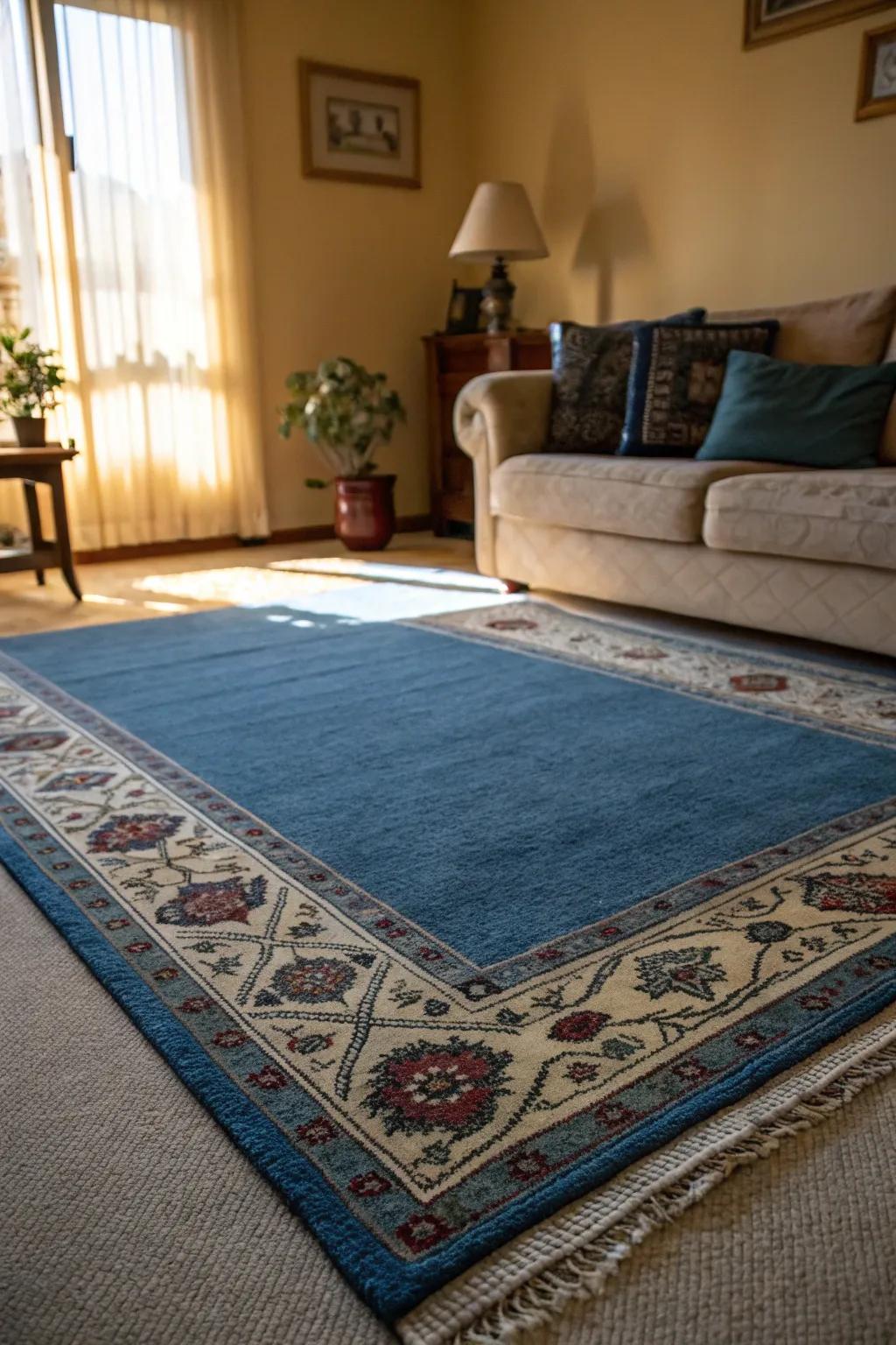 Layering rugs adds depth and style to a living room with a blue carpet.