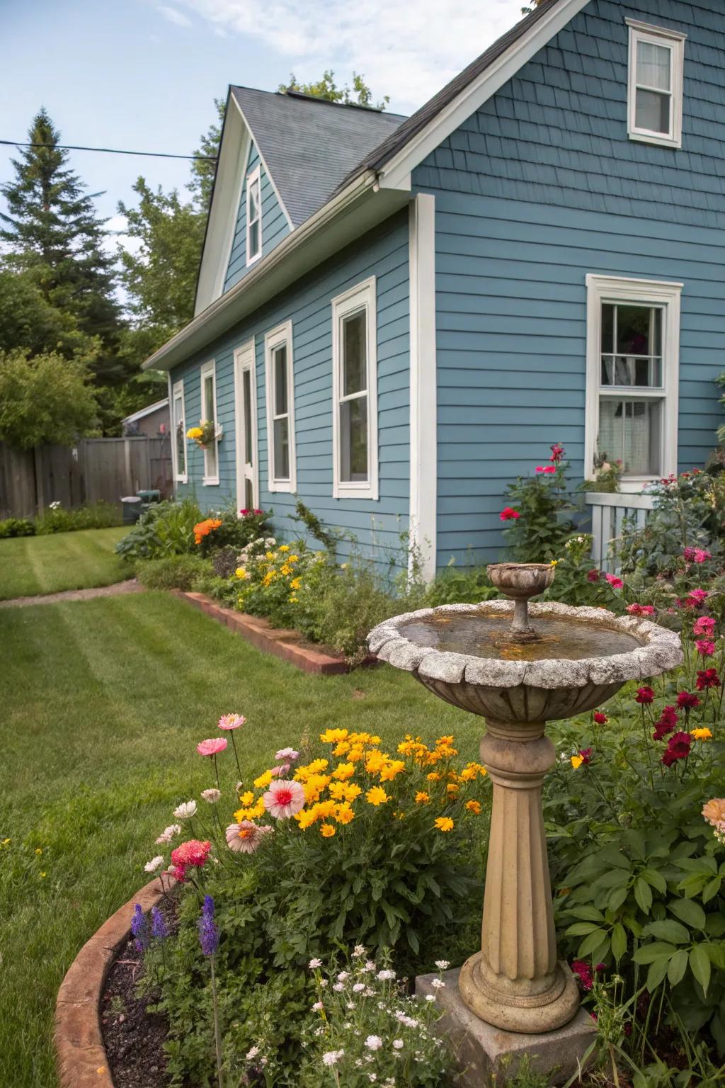 A birdbath adds charm and attracts wildlife.