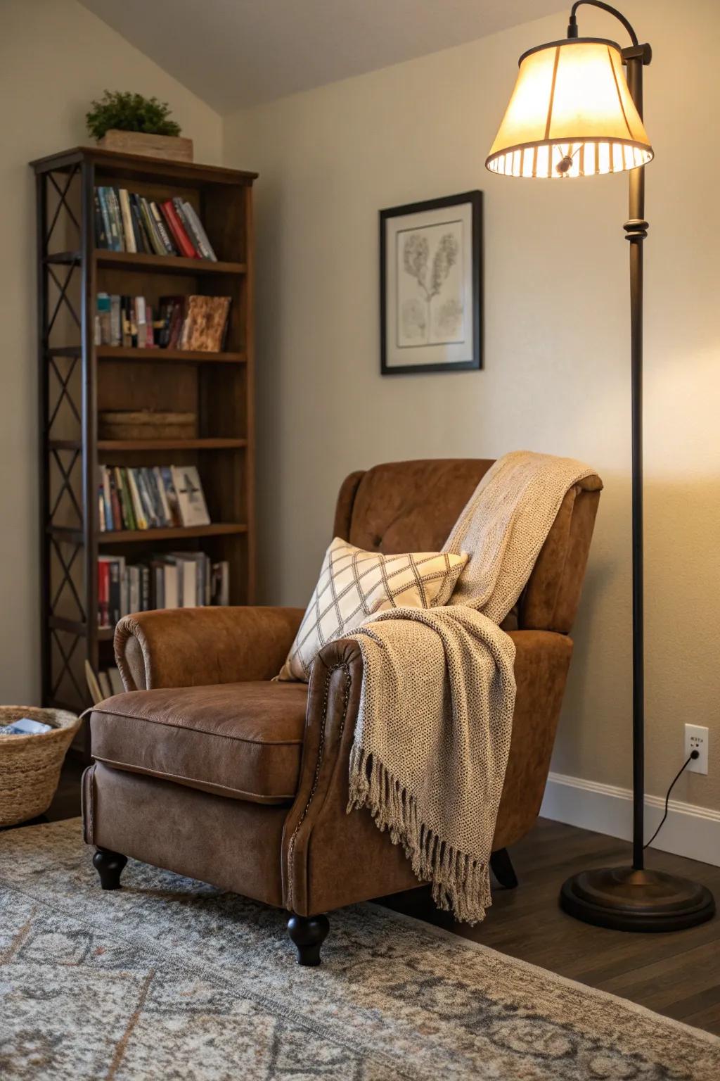 A cozy reading nook adds charm and function to the living room.