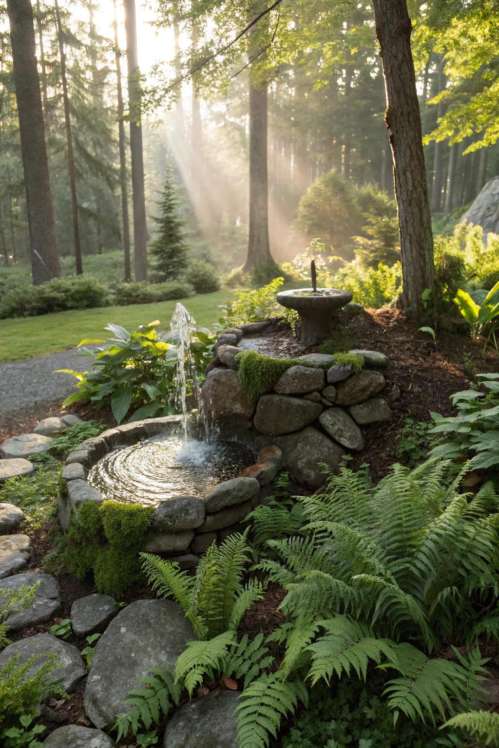 A whimsical woodland fountain blends seamlessly with nature.