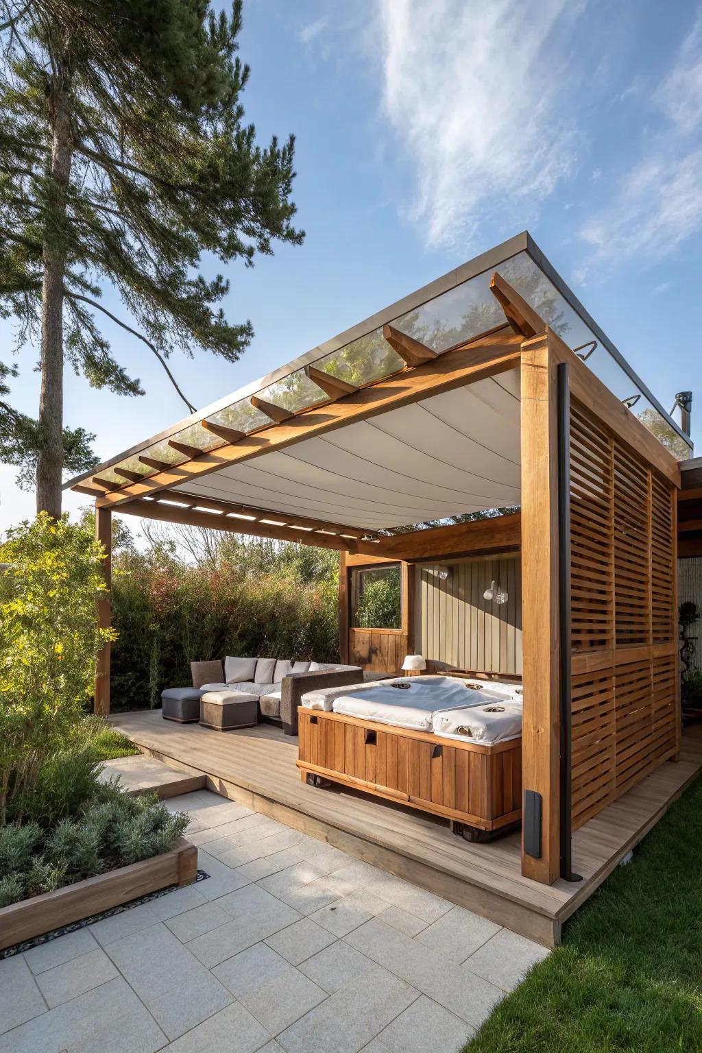 A versatile retractable cabana designed for adaptable outdoor living.