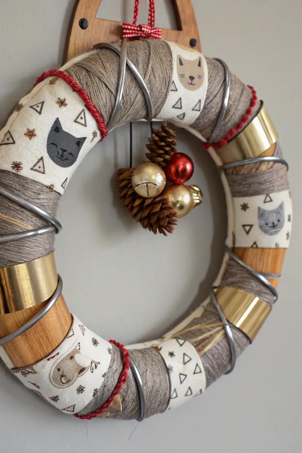 An eclectic mixed material cat wreath for creative expression.