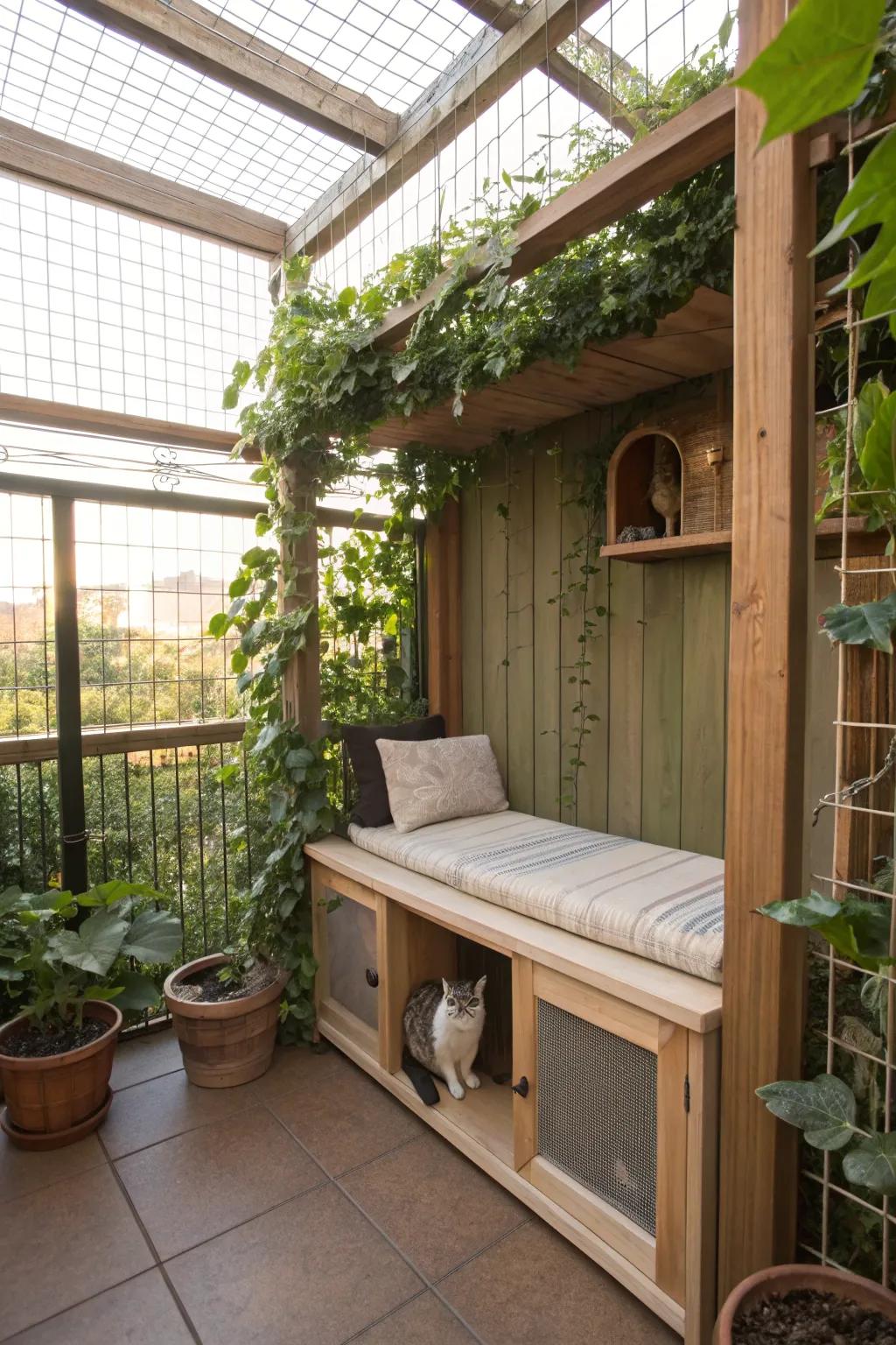 Dual-purpose furniture in a catio, blending style with functionality.