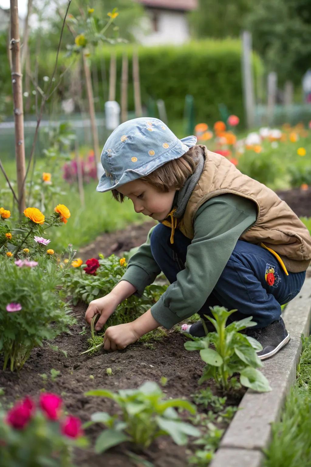 A young gardener nurturing the family's backyard.