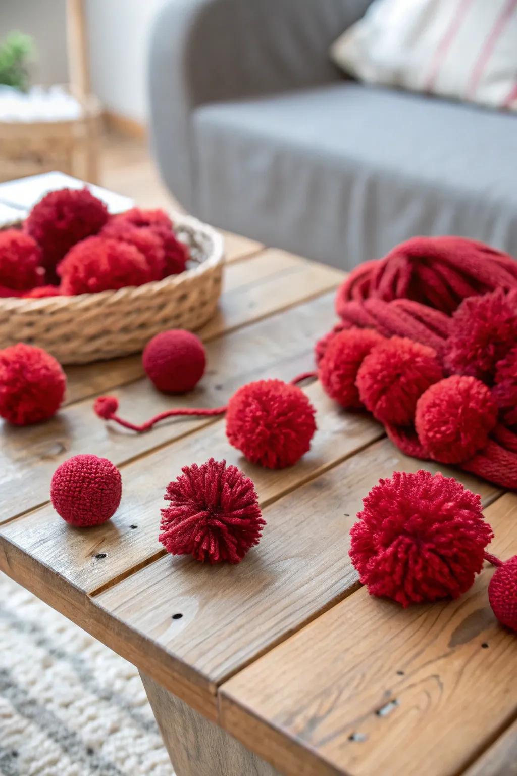 Charming red yarn pom-poms bringing a playful element to the decor.