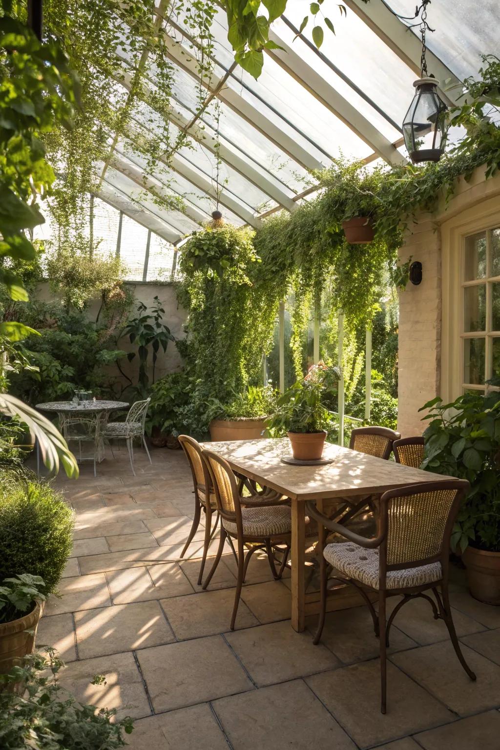 A dining retreat in a conservatory, perfect for meals with a view.