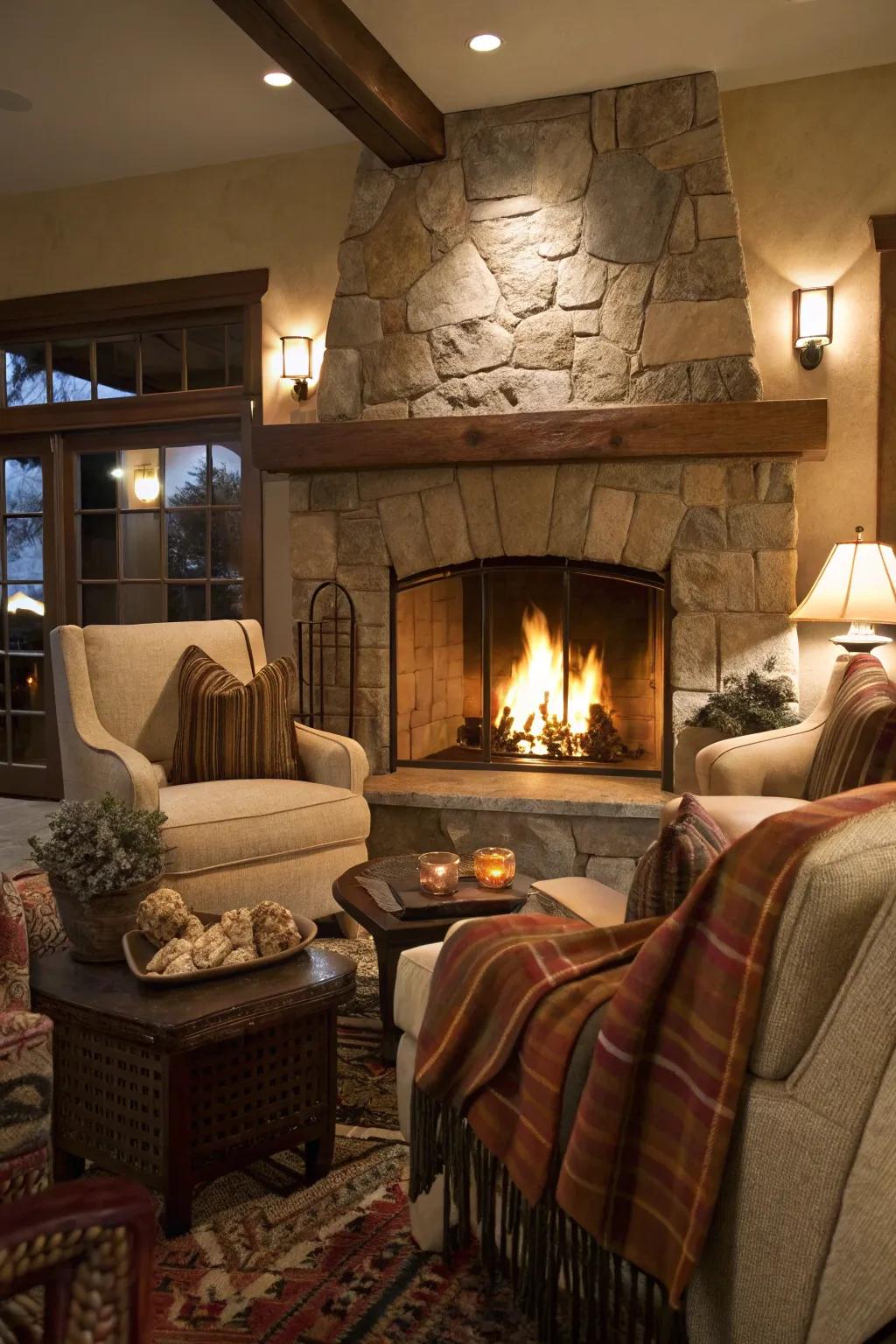 Warm up your space with a charming corner fireplace.