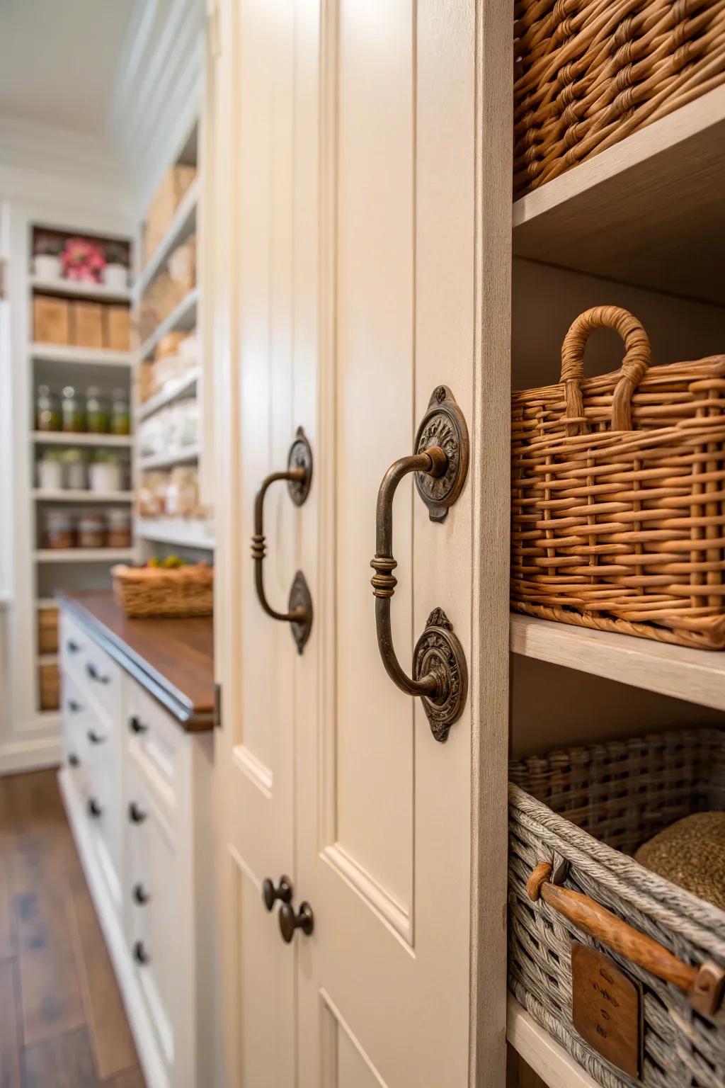 Vintage elements in a corner pantry for added charm.