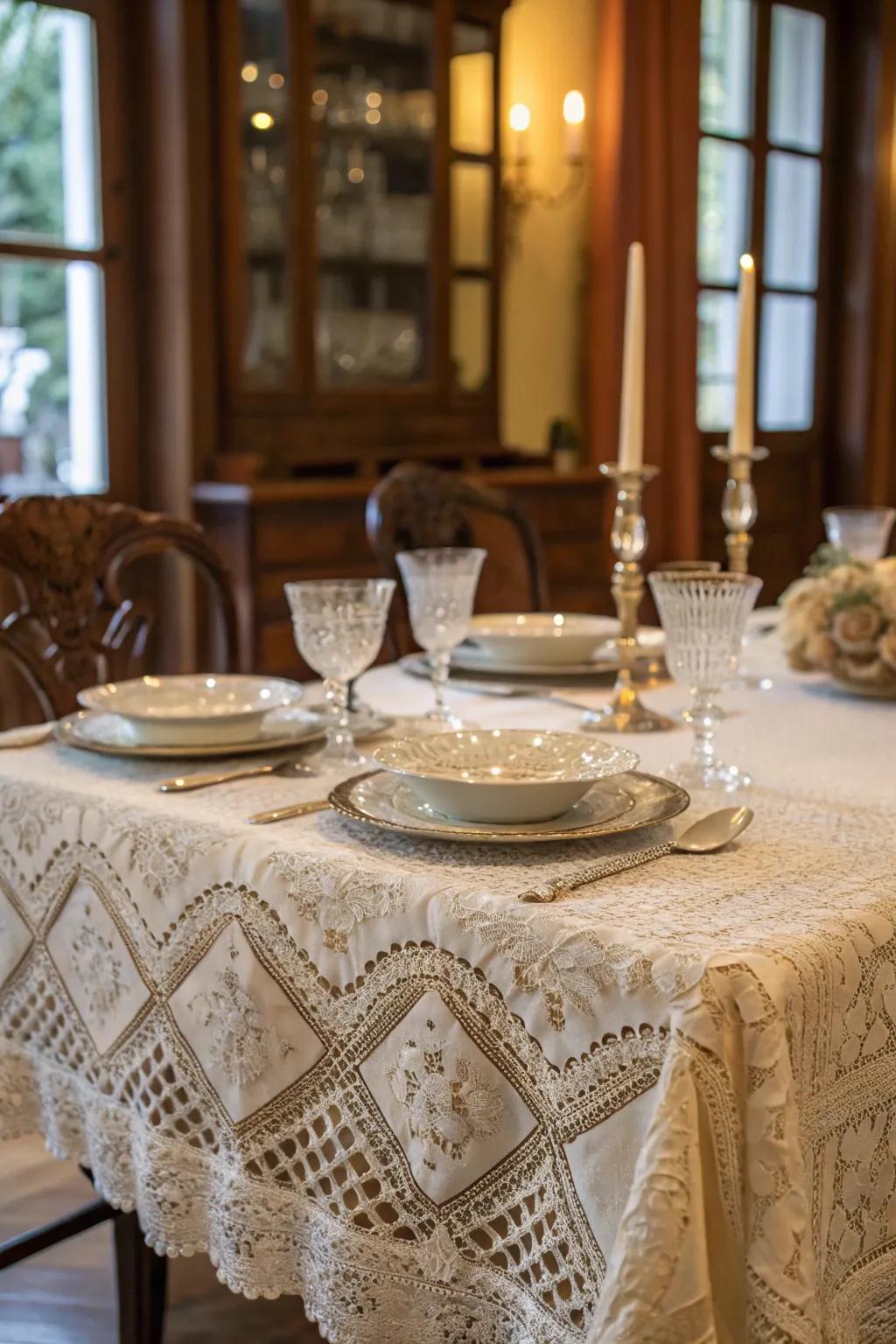 Antique lace tablecloths bring timeless elegance to your dining table.