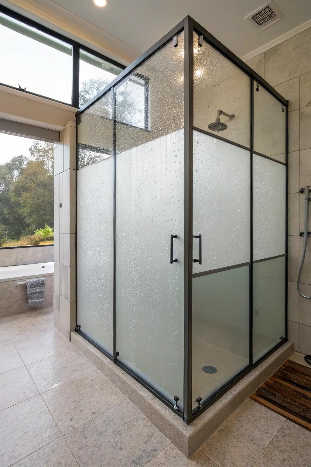 Frosted glass panels offer privacy while maintaining a bright atmosphere.