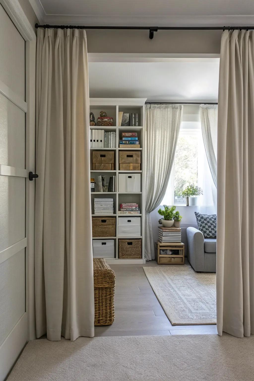 Curtains conceal clutter, keeping spaces neat.