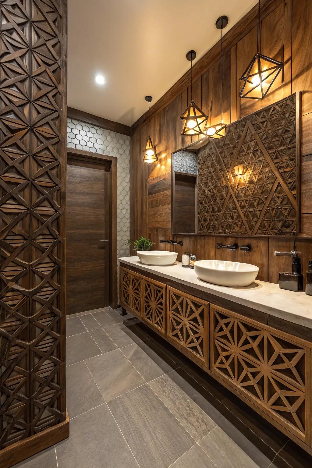 Geometric patterns add a modern edge to the dark wood design.