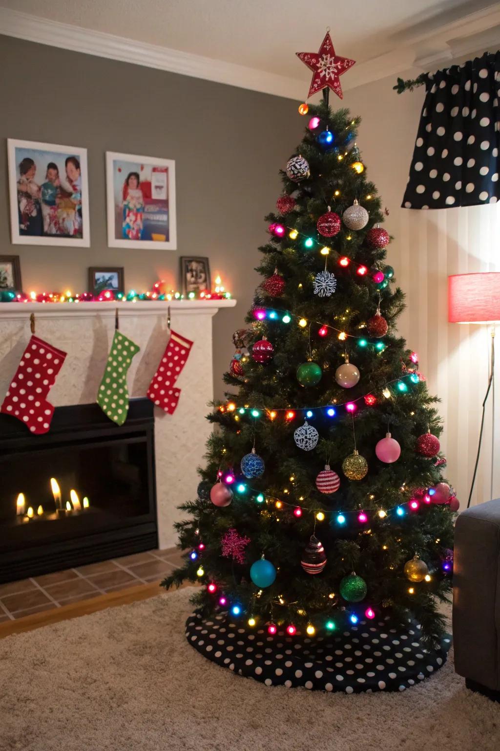 A black tree with playful patterned decorations.