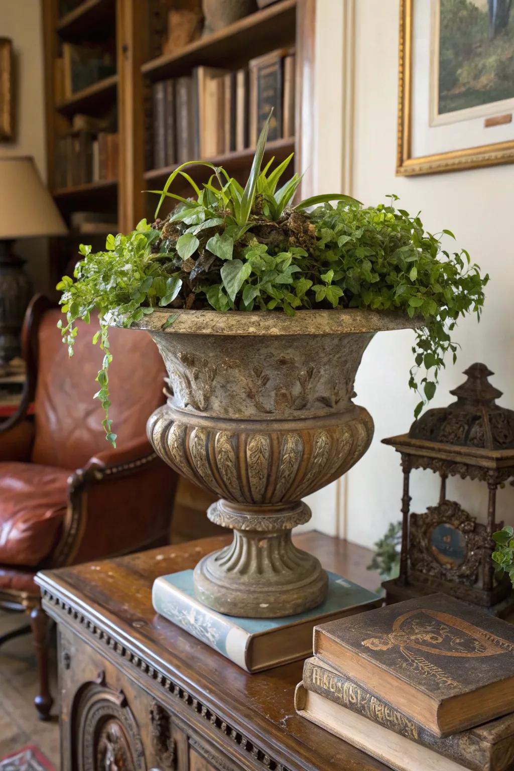 Period containers repurposed as pots enhance verdure and charm.