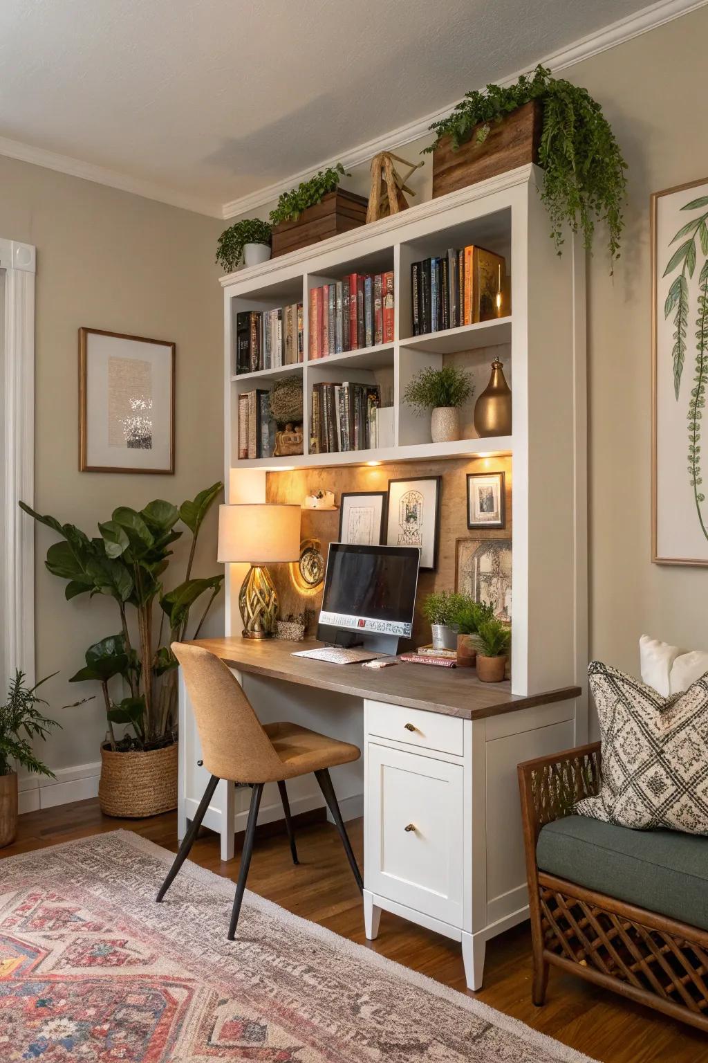 An integrated bookshelf desk offers both storage and style.