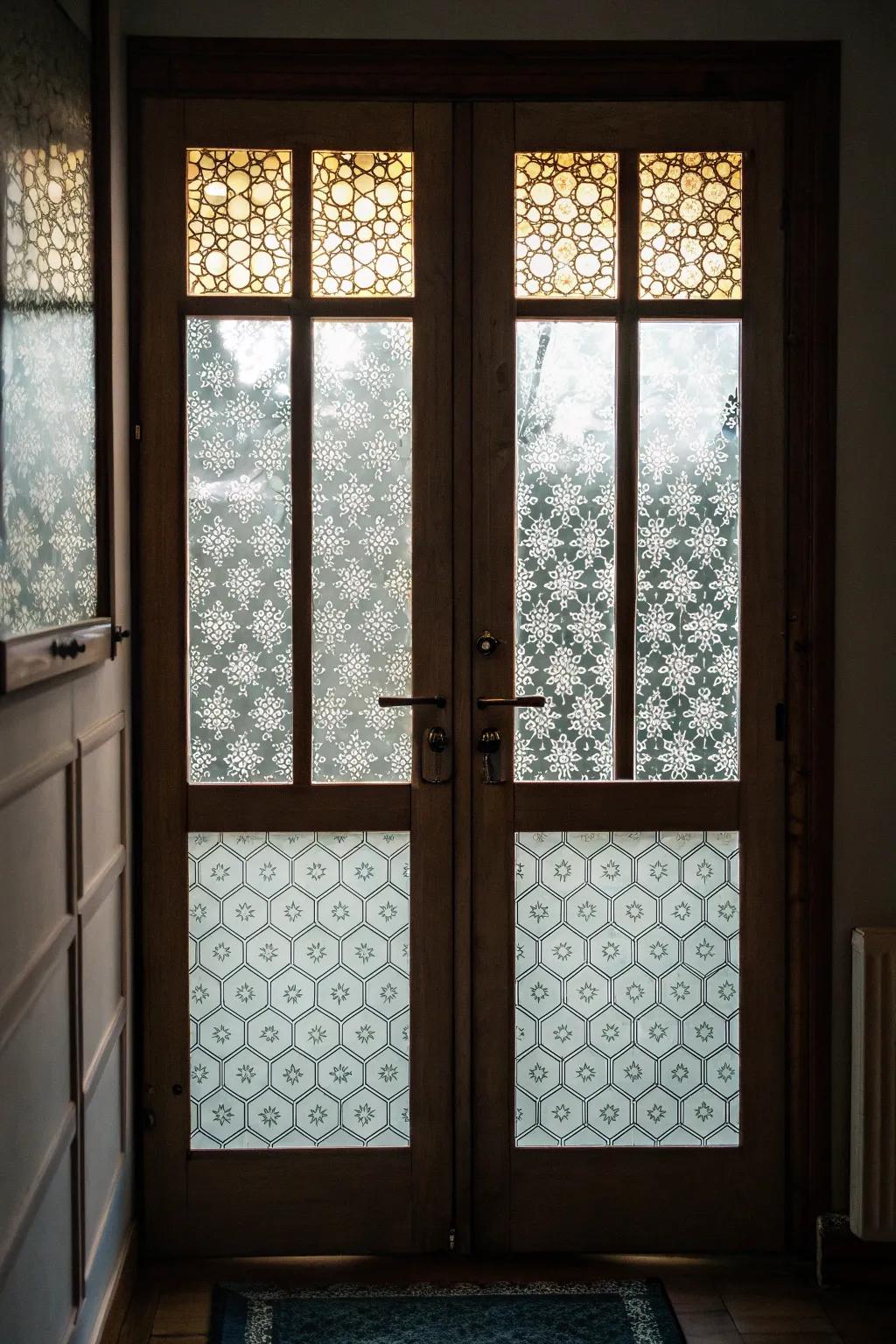 Patterned films add style and privacy to door windows without permanent changes.