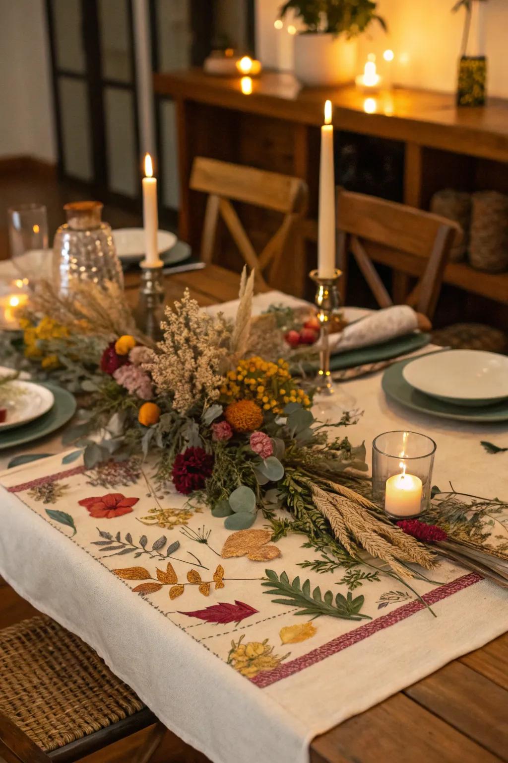 A vibrant table runner crafted from dried florals.