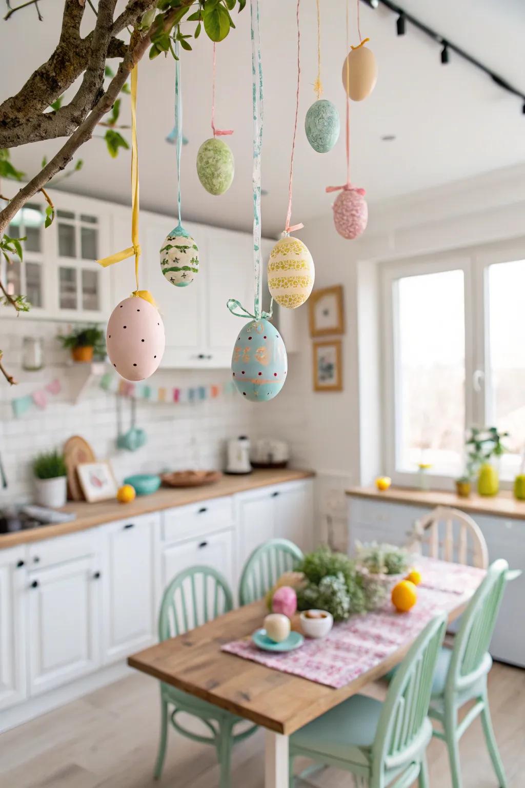 Hanging Easter eggs create a whimsical and eye-catching decor element.