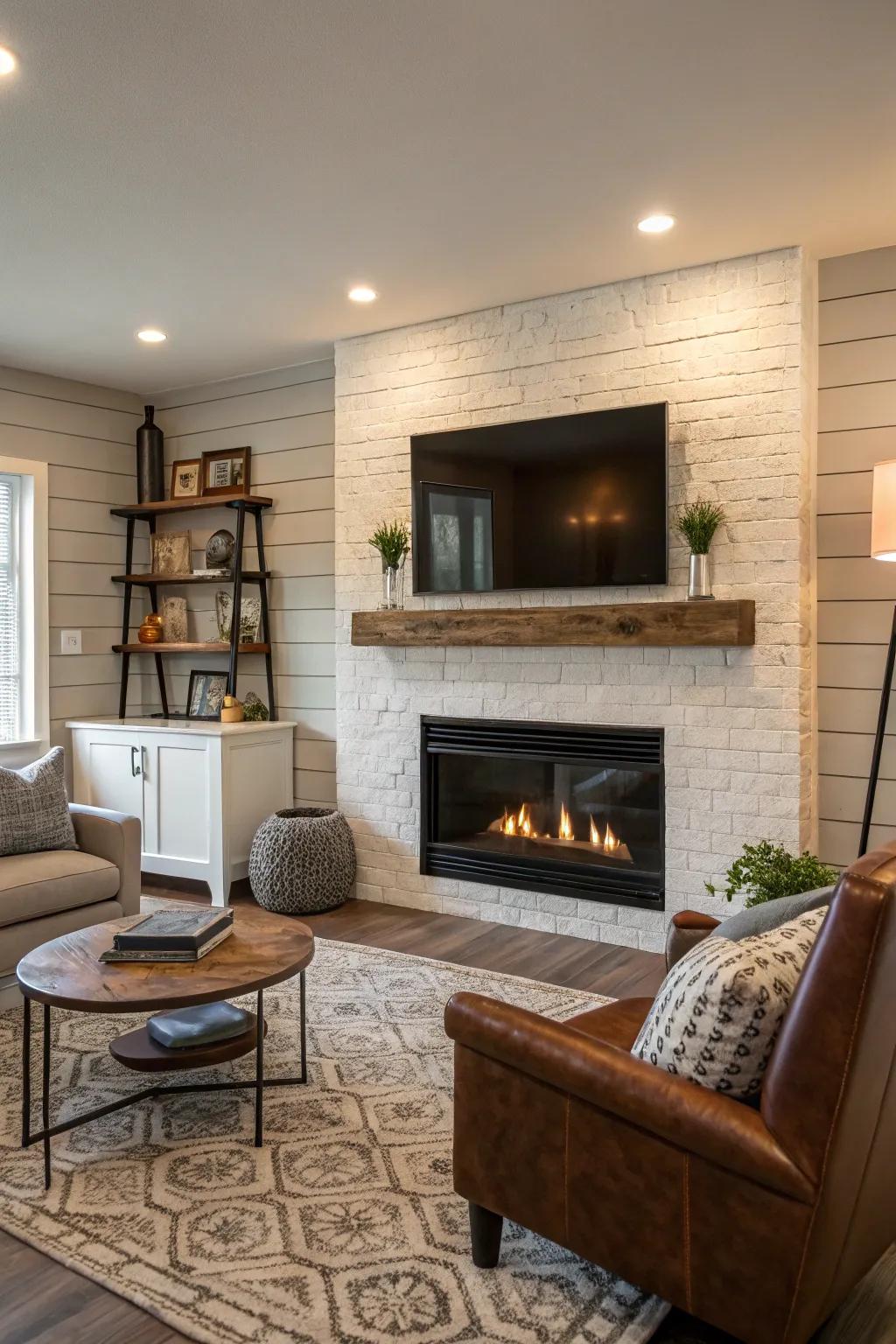 A living room with a textured shiplap fireplace wall and modern decor.