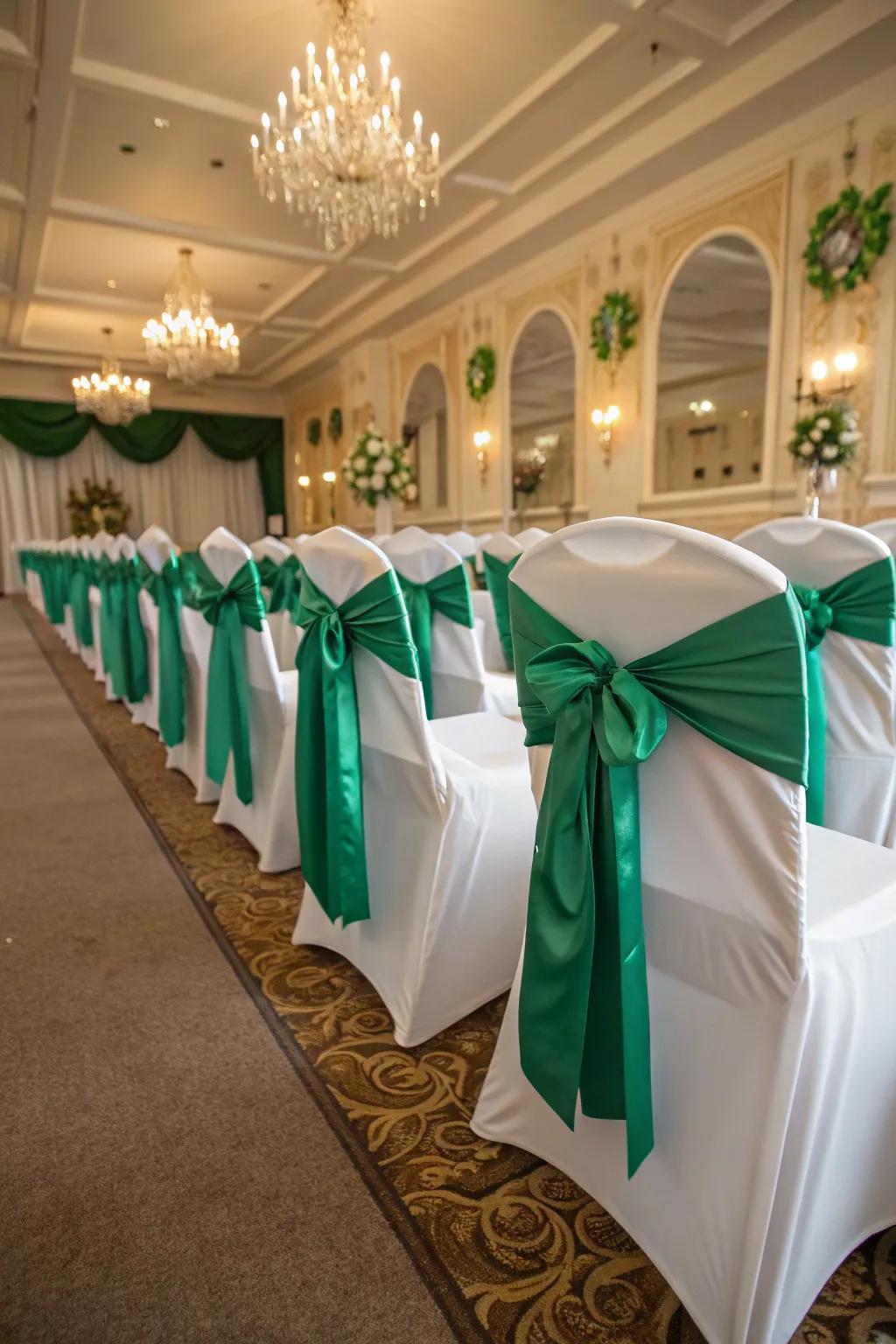 Chic chairs adorned with emerald green sashes.