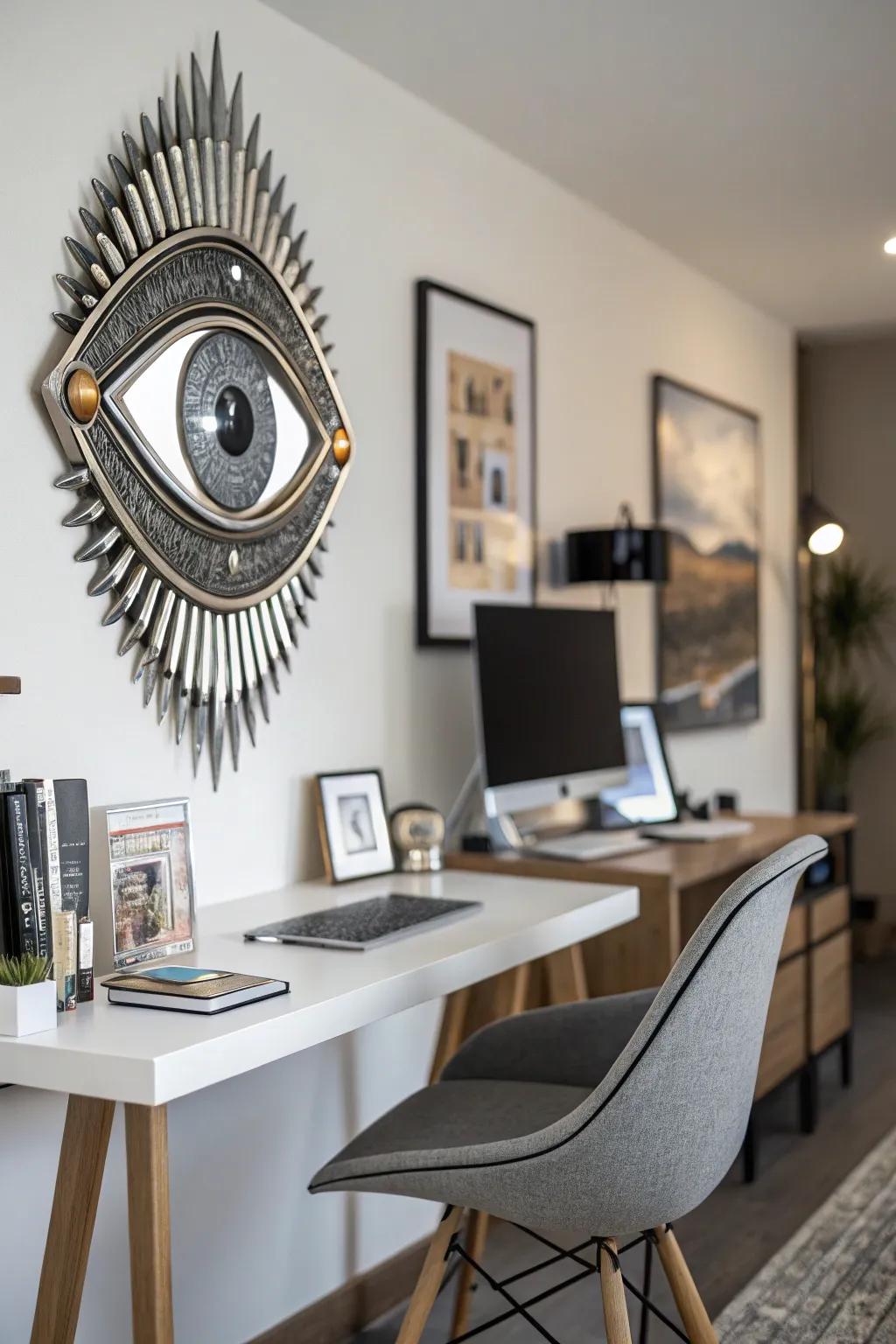 A futuristic eye art piece that adds a sleek, modern edge to the office.