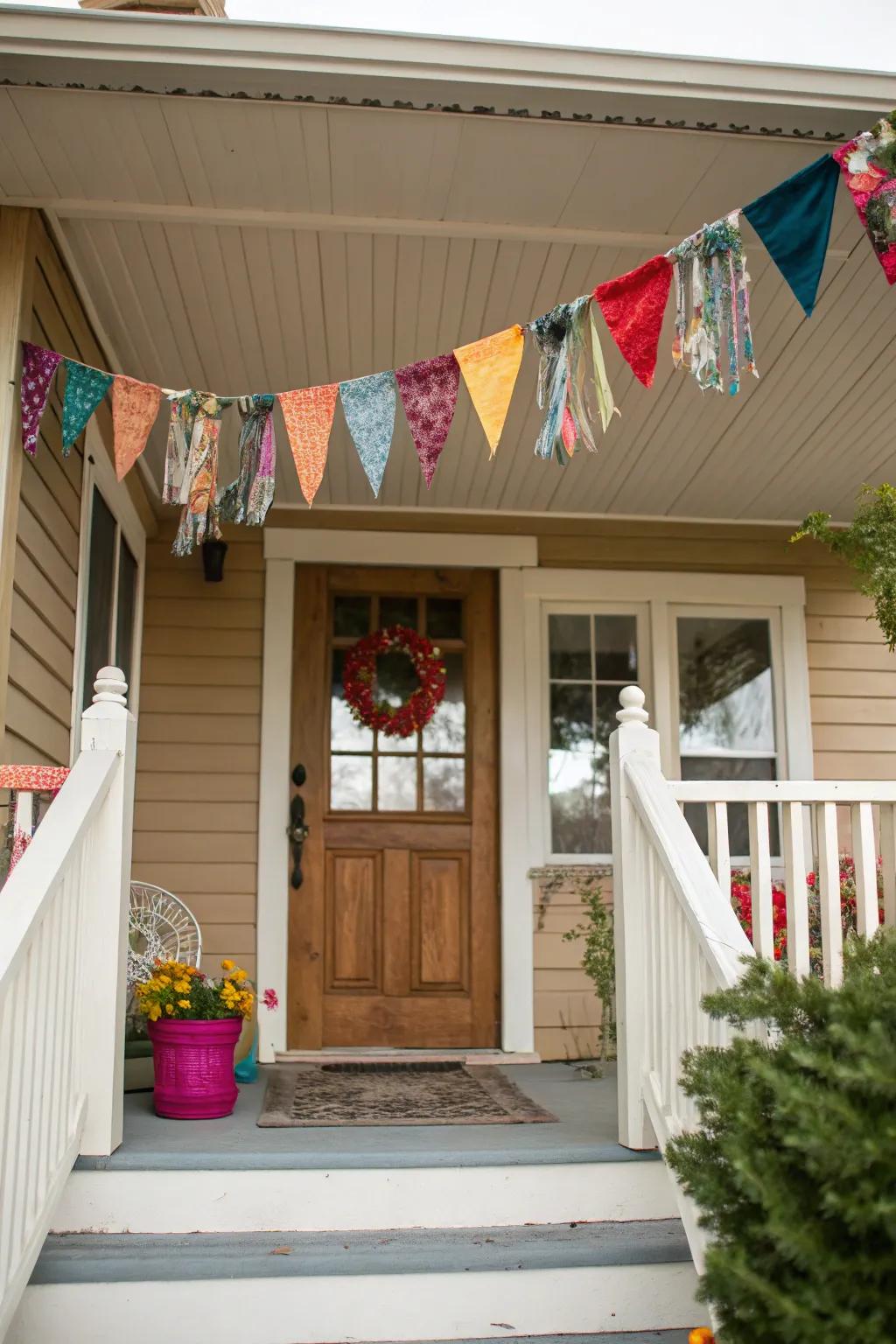 A fabric garland adds a playful splash of color to the fall decor.