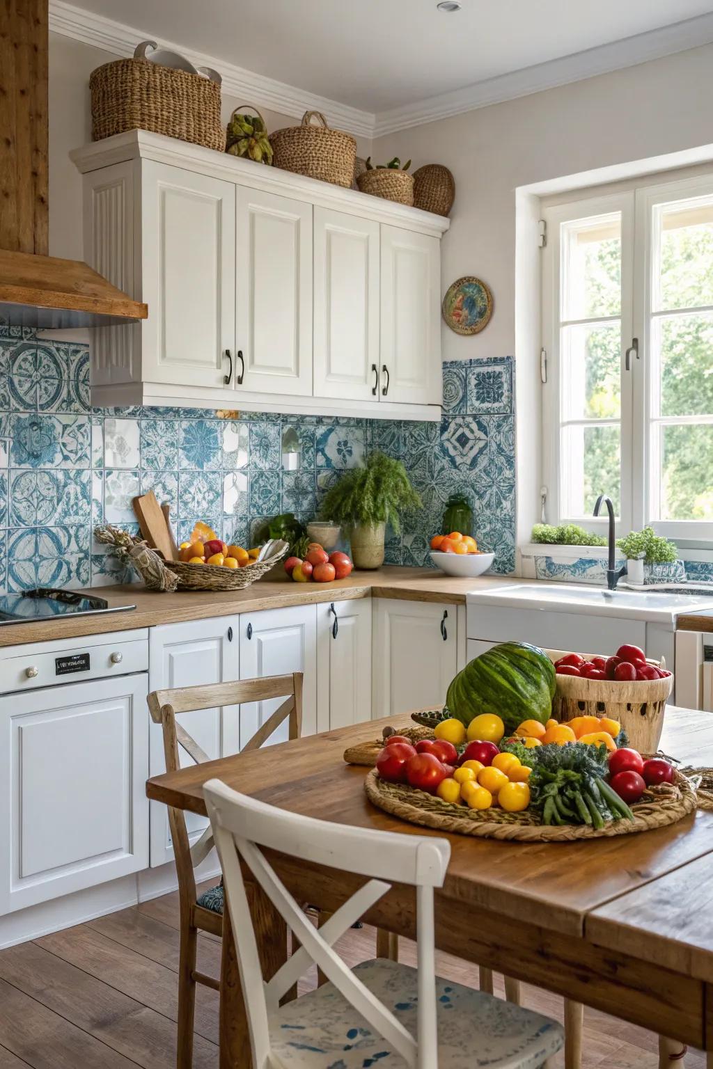 A blue backsplash adds a vibrant eruption of color to this country-style kitchen.