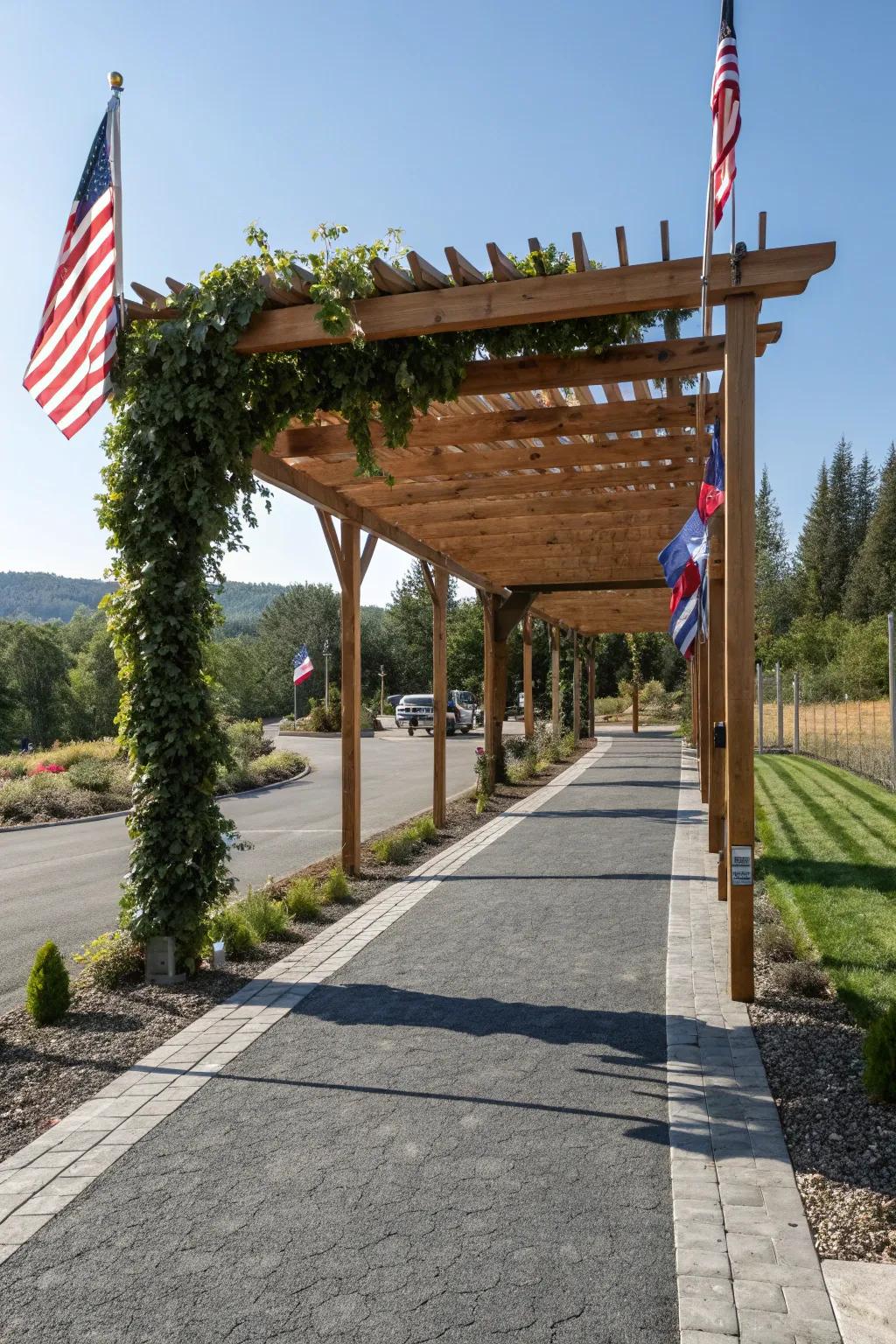 A wooden pergola adding charm and shade to a flag lot driveway.