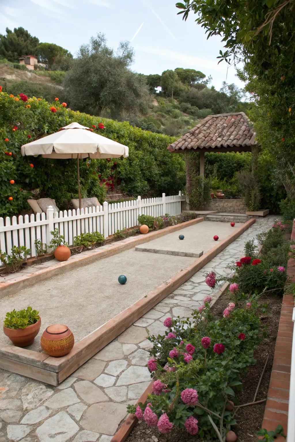 A bocce ball court adds a playful and social element to this garden.