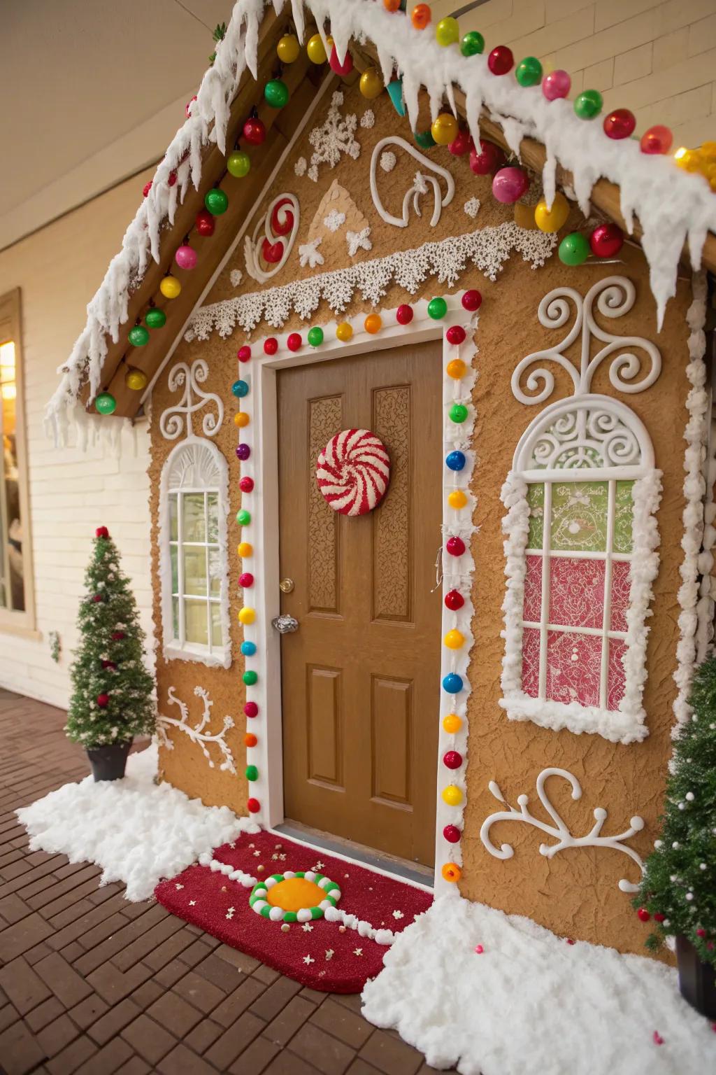 A gingerbread house door decoration offers a sweet and festive welcome.