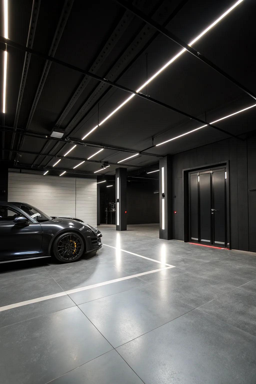 Black walls create a dramatic and modern garage space.