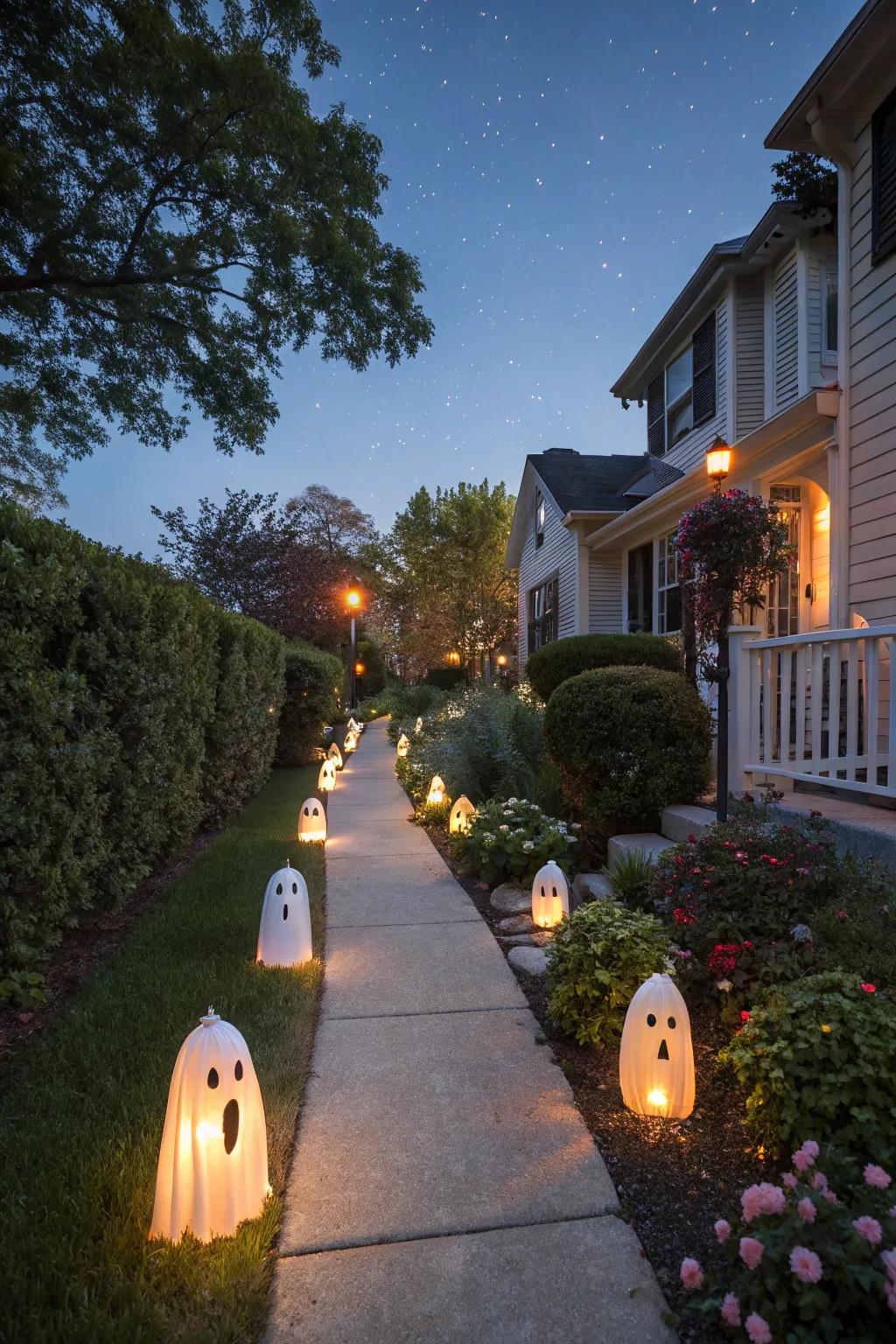 Ghostly pathway lights create a welcoming and spooky entrance.