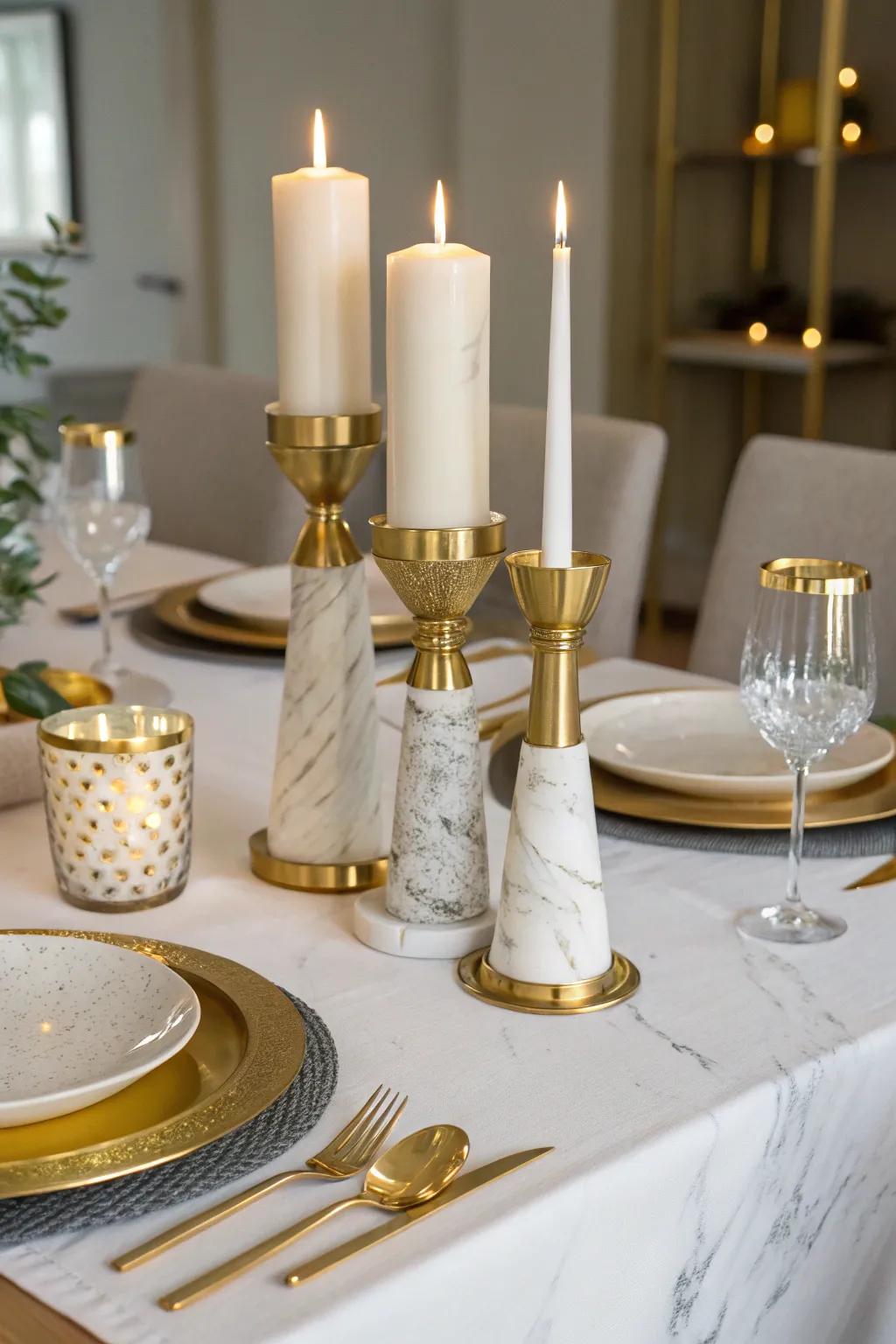 Luxurious modernity with gold and marble candle holders.