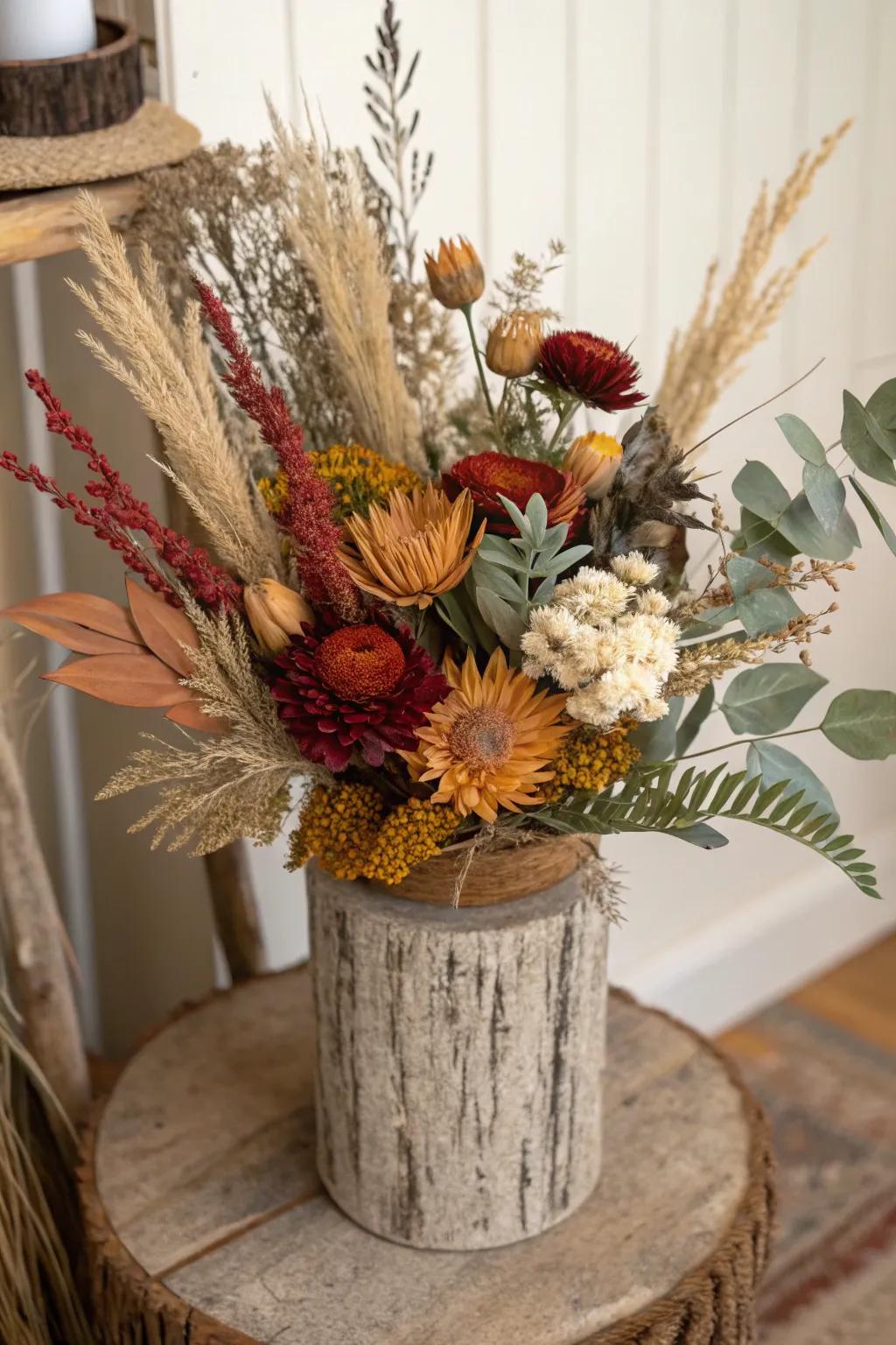 A vintage-inspired dried flower arrangement.