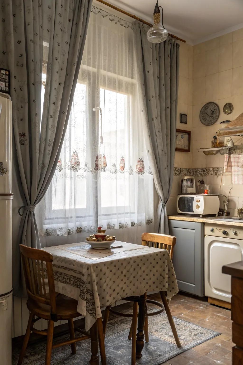 Vintage-inspired gray curtains add charm and warmth to the kitchen.