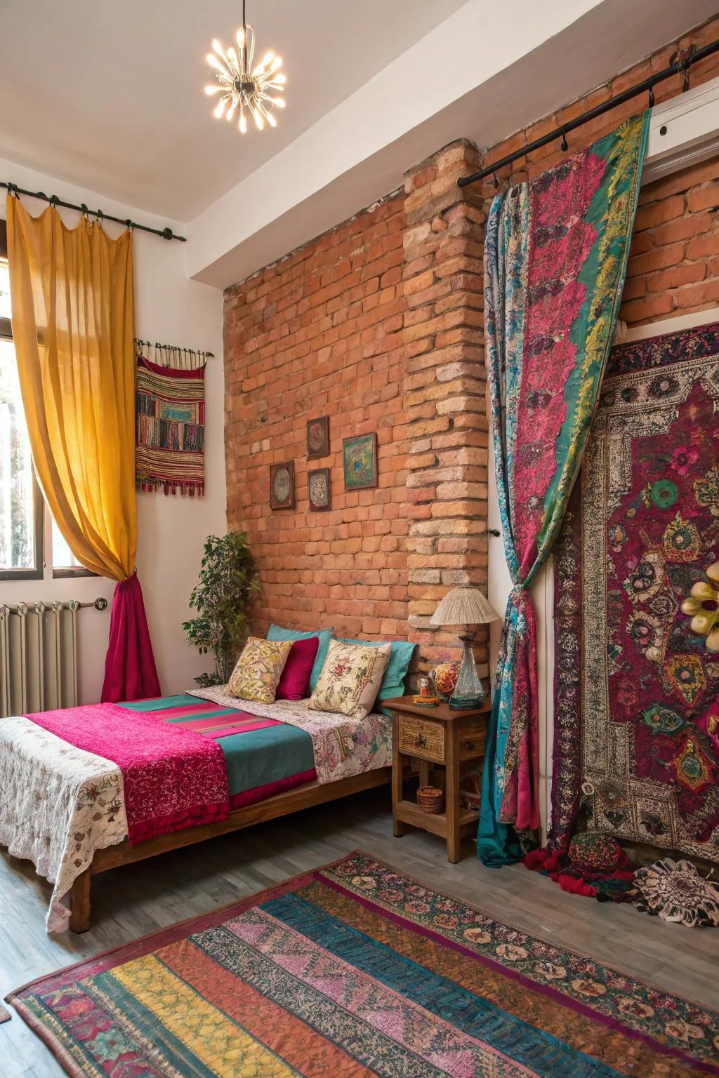 An eclectic bedroom showcasing a half brick wall and vibrant textiles.