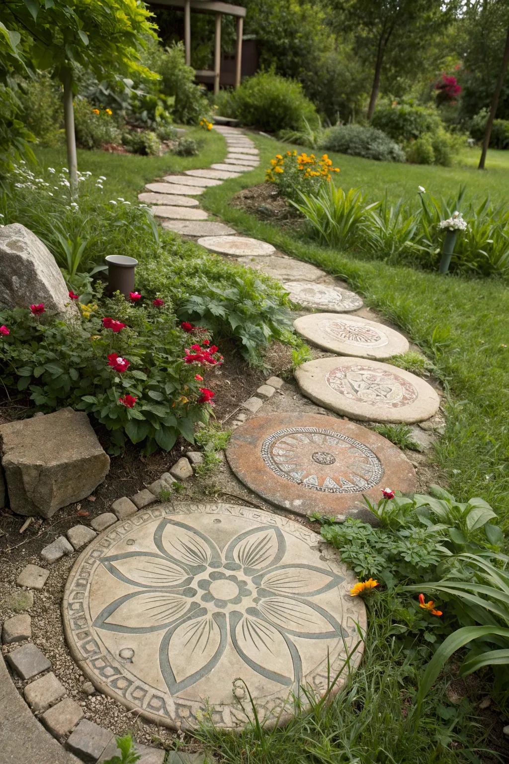 Creative stepping stones add whimsy to garden pathways.