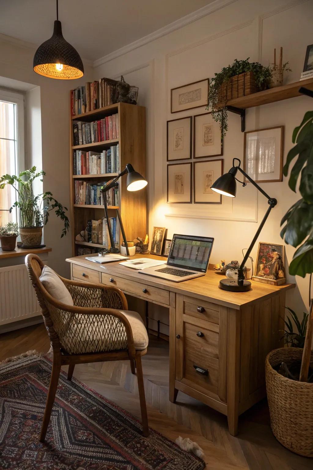 Ambient lighting creates a cozy and inviting workspace atmosphere.