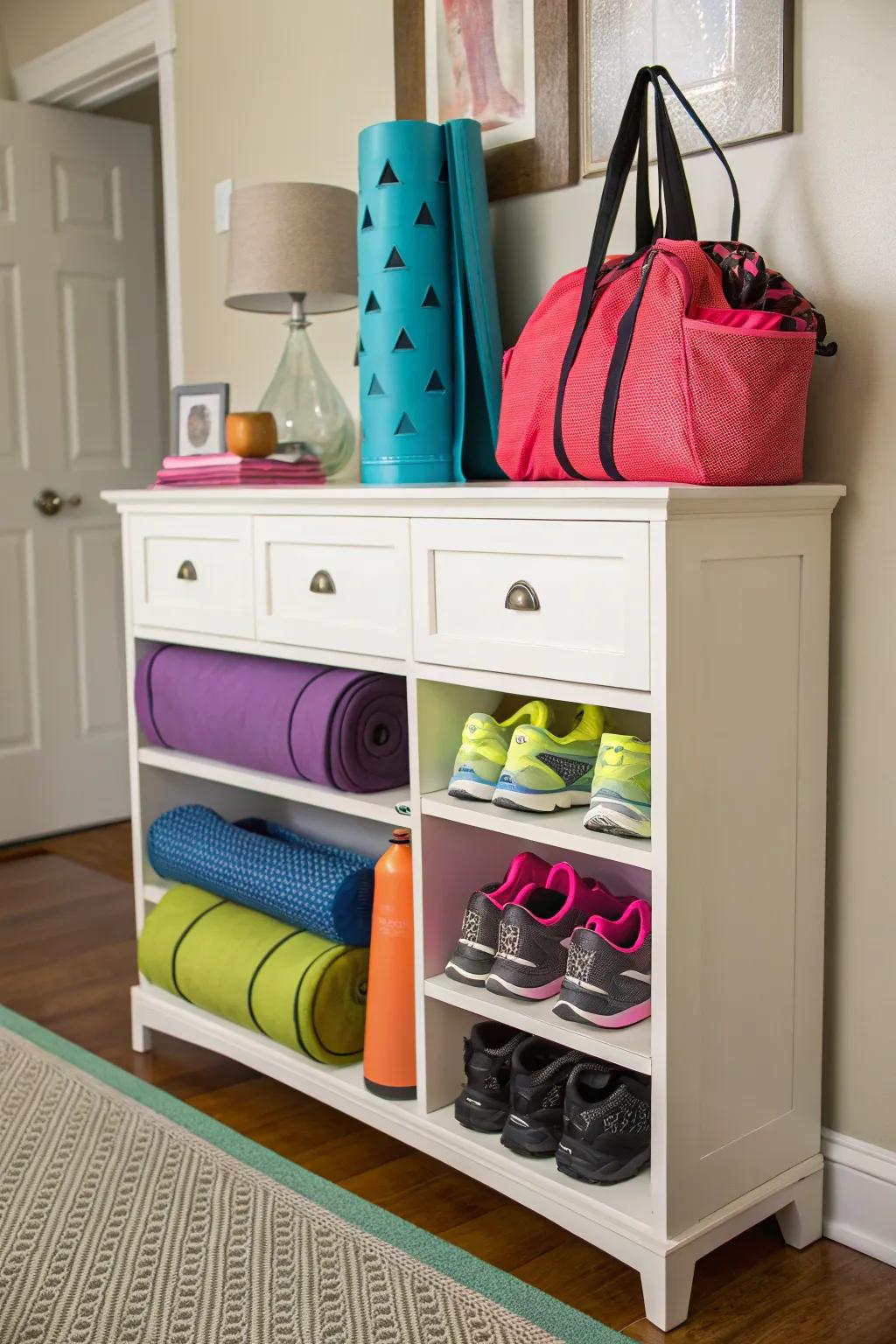 A dresser repurposed for organizing workout clothes.