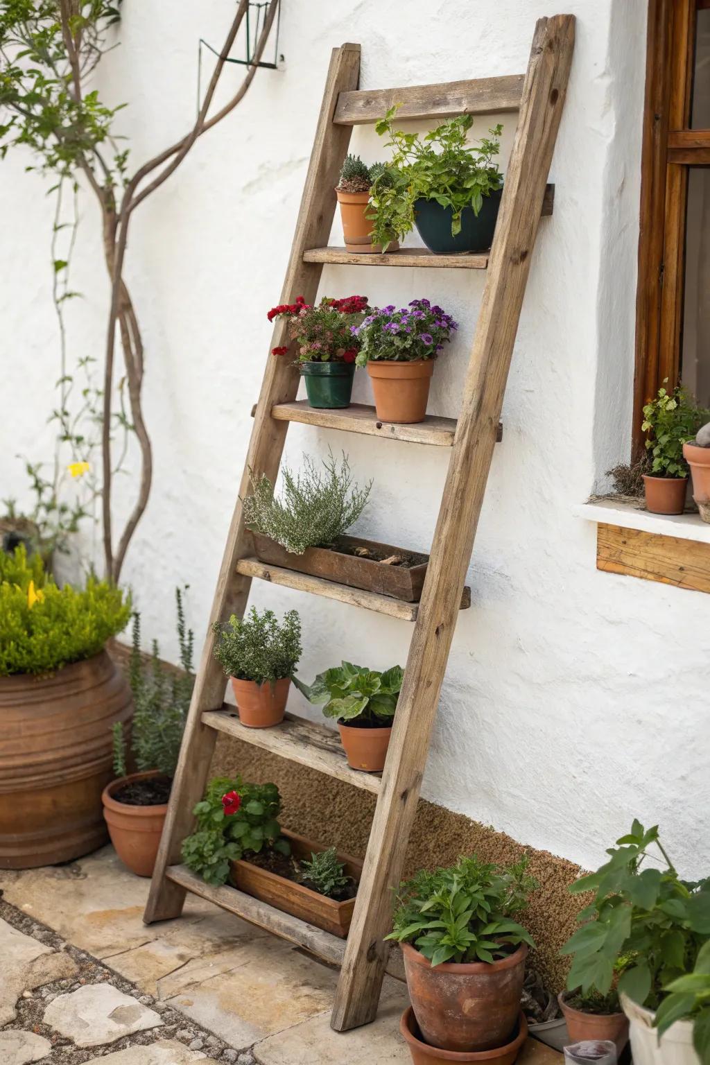 Add rustic charm with a ladder plant stand.