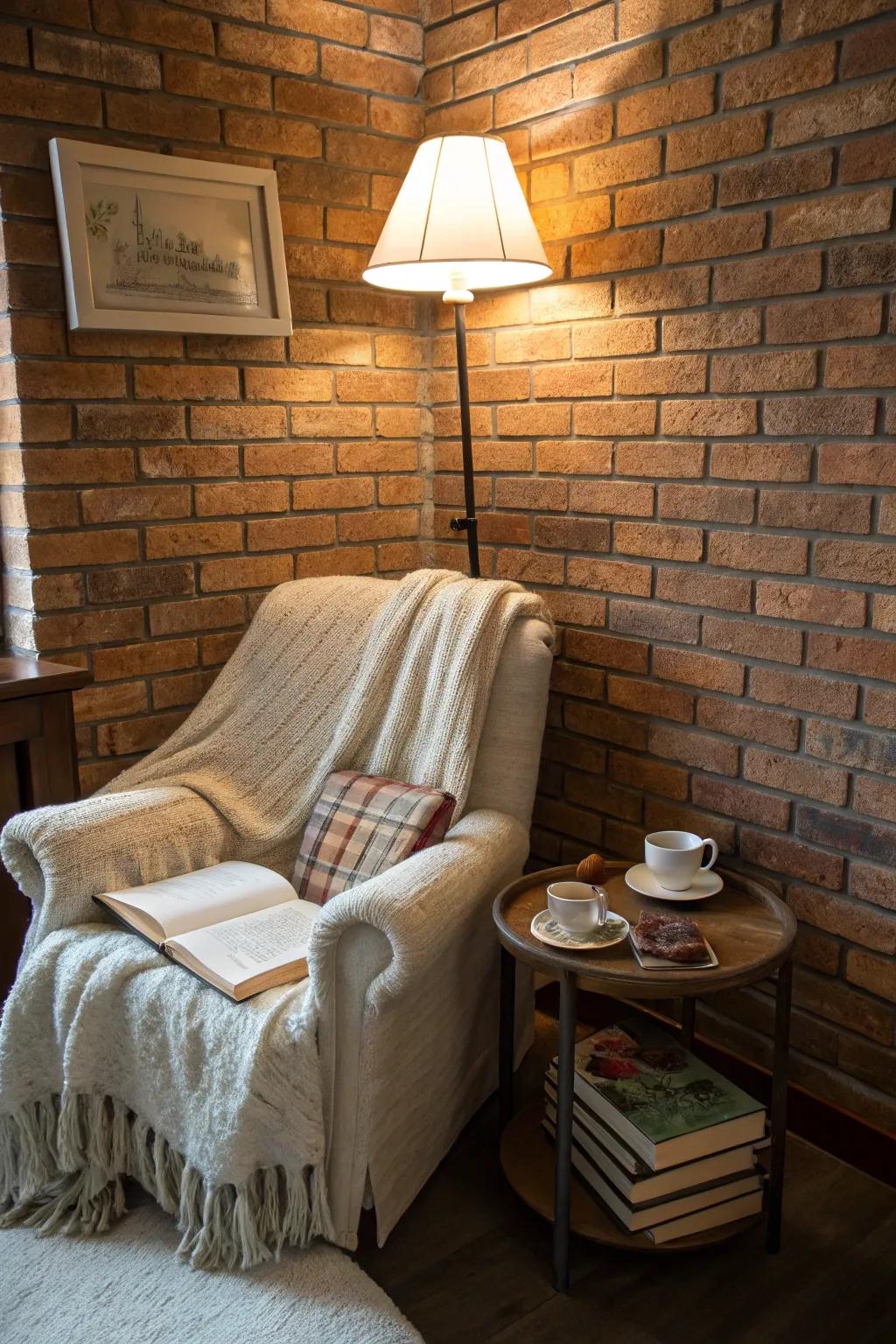 A tranquil reading space with a plush chair and lamp, perfect for relaxation by the brick facade.