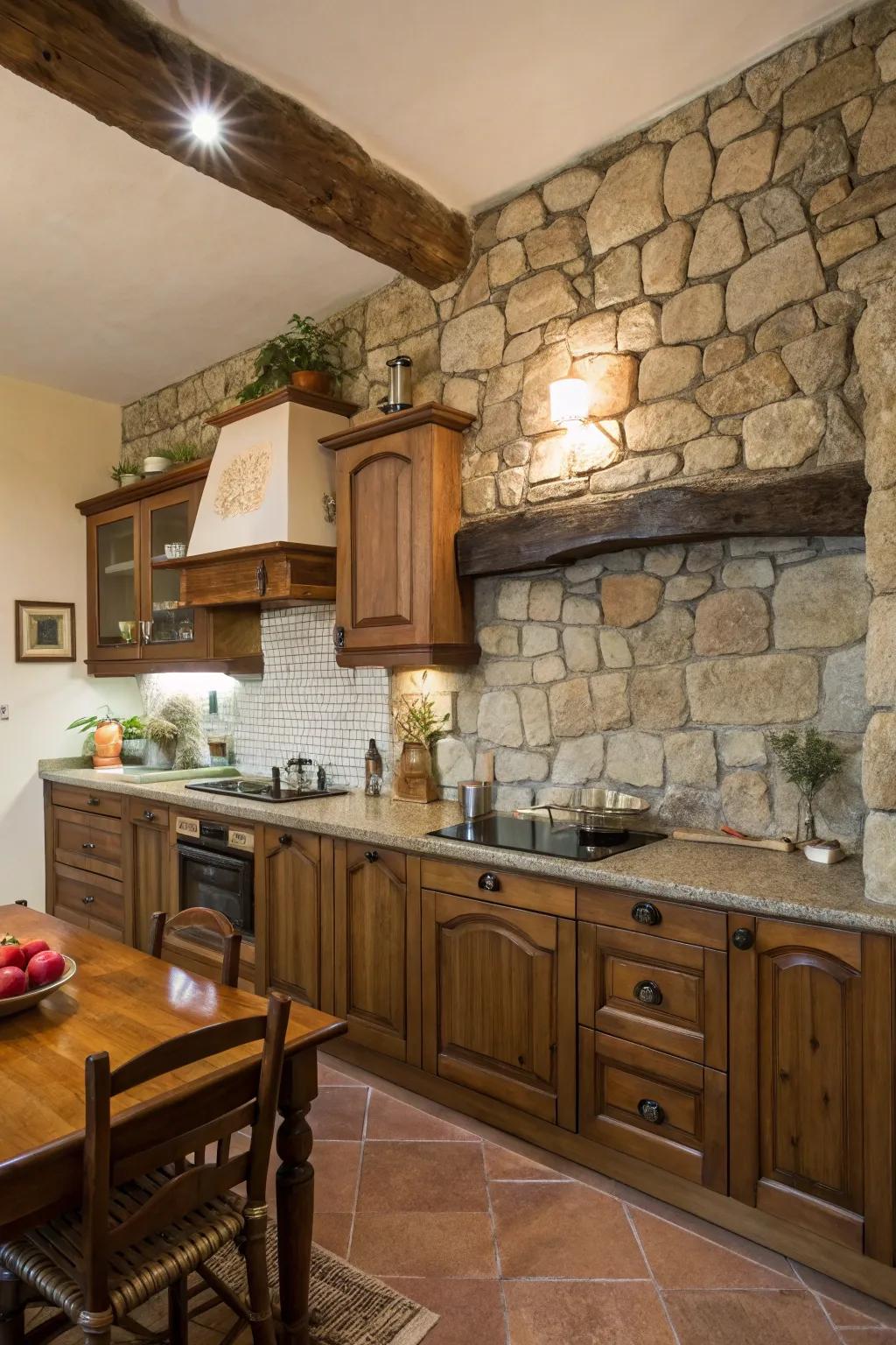 A rock backsplash enhances texture and depth.
