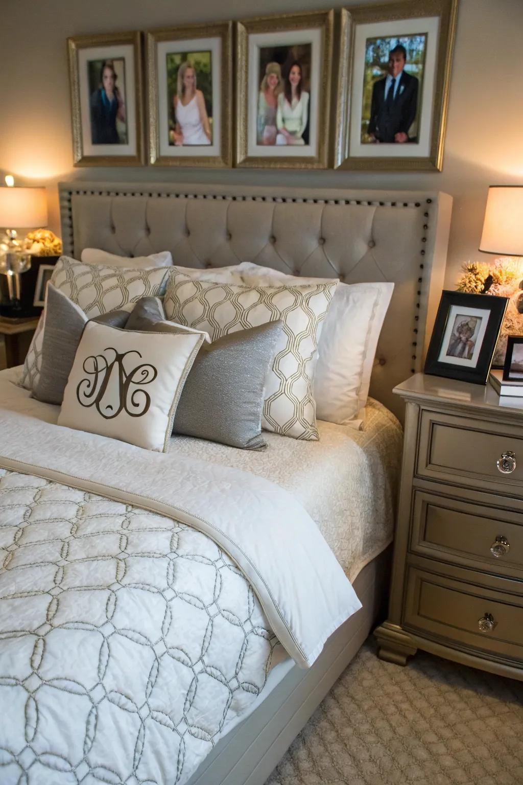 Personalized touches add warmth and personality to this king-sized bed.