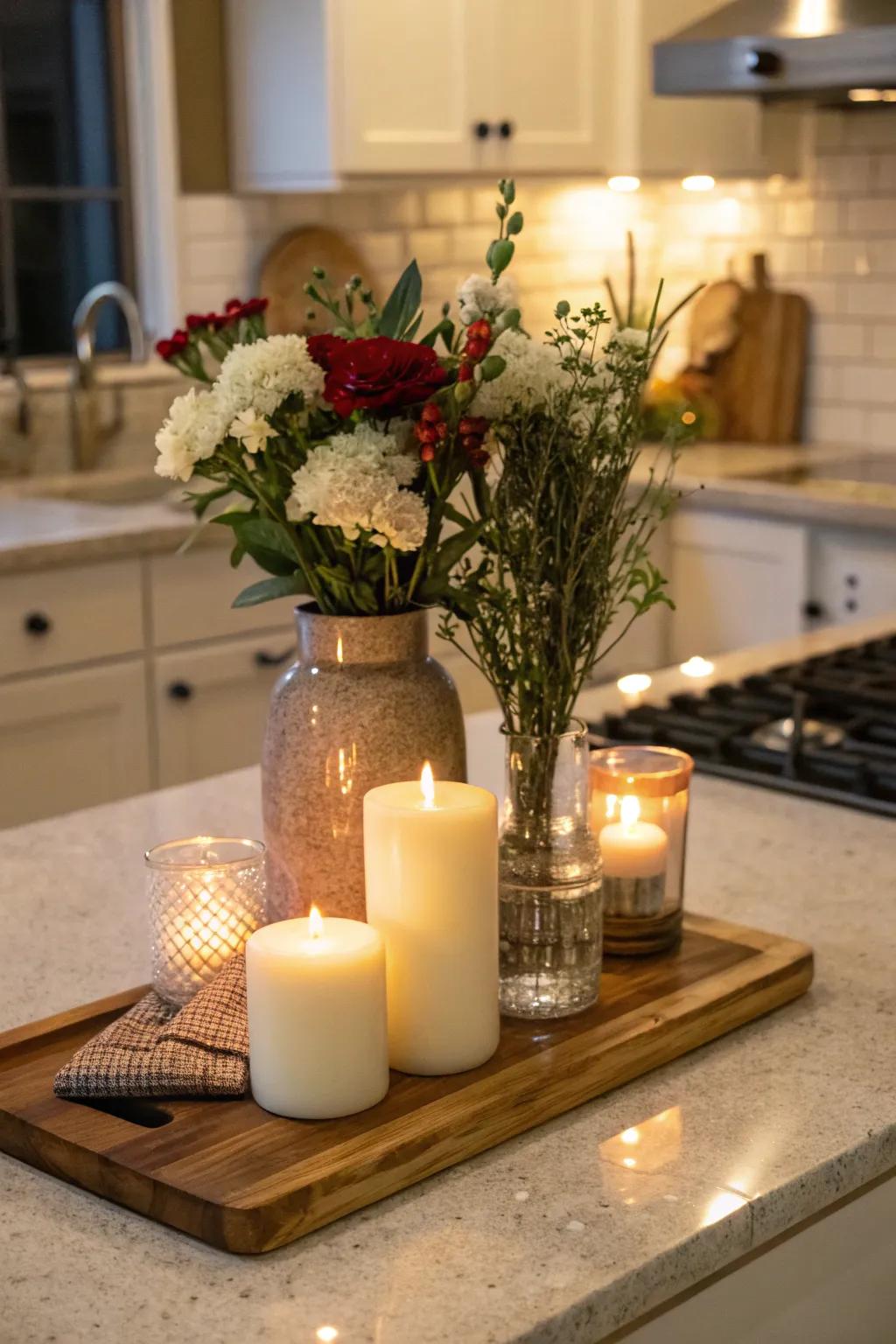 A prep board as a platform for decor items fashions a symmetrical centerpiece.