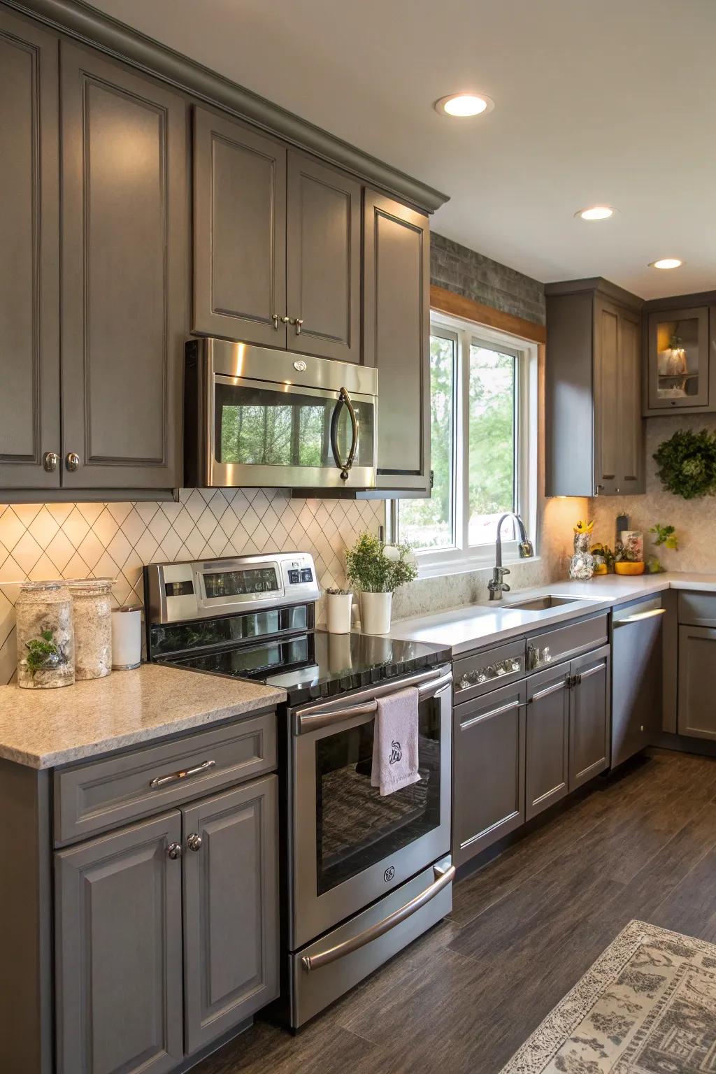 Cool slate gray provides a modern and sleek kitchen backdrop.