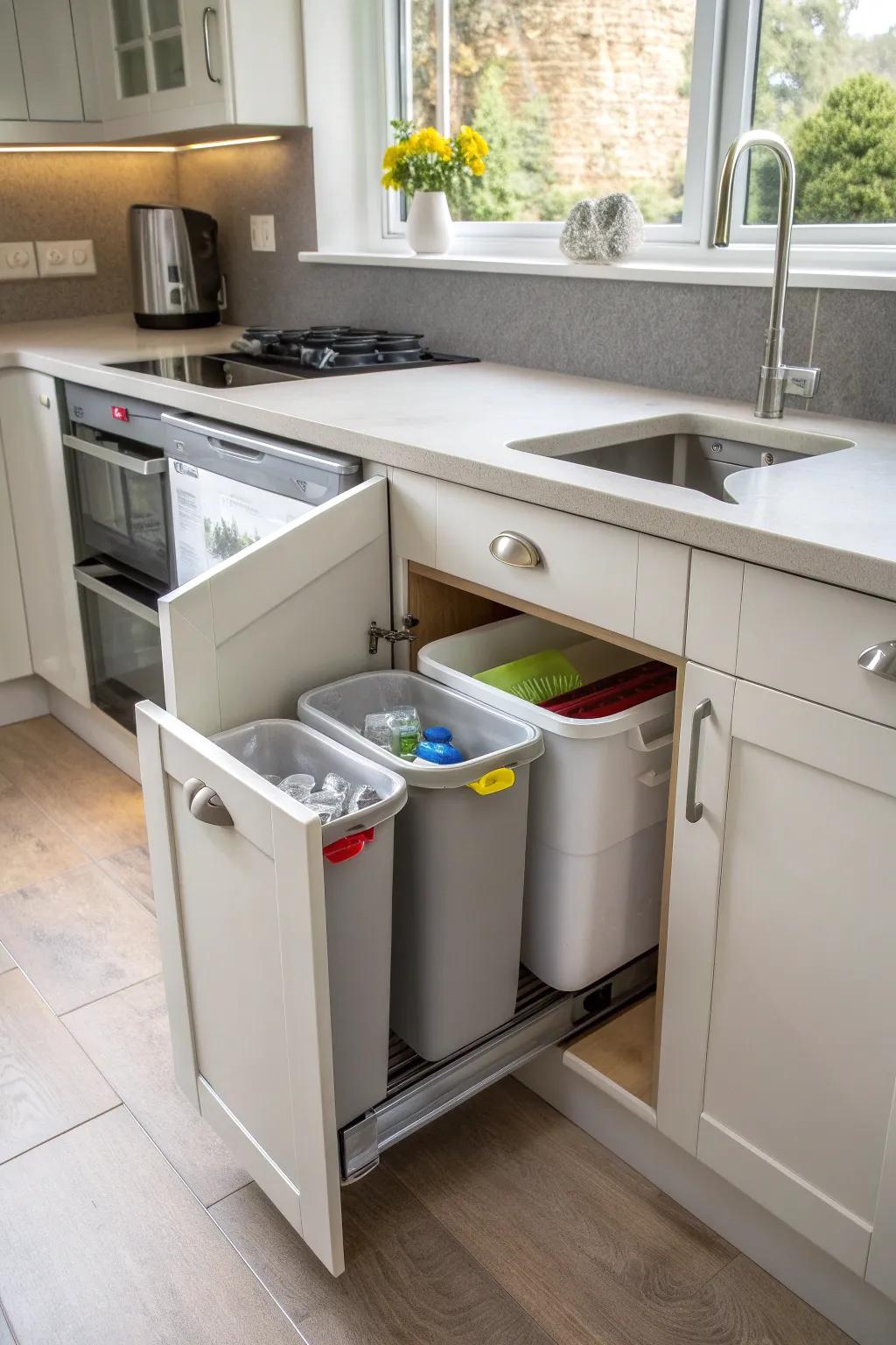 Rotating bins offer a neat solution for handling kitchen waste.